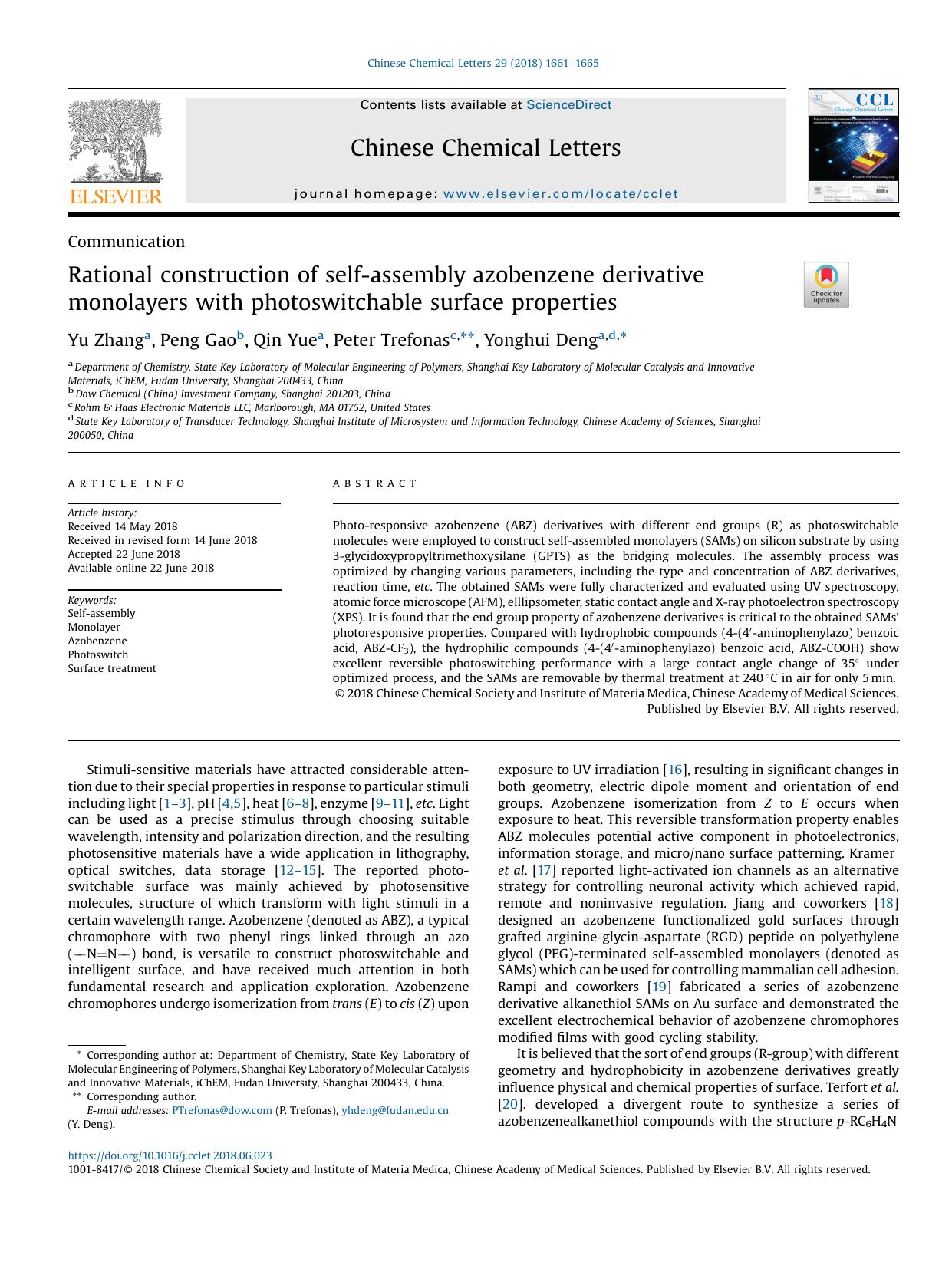 Rational construction of self-assembly azobenzene derivative monolayers with photoswitchable surface properties by Yu Zhang & Peng Gao & Qin Yue & Peter Trefonas & Yonghui Deng