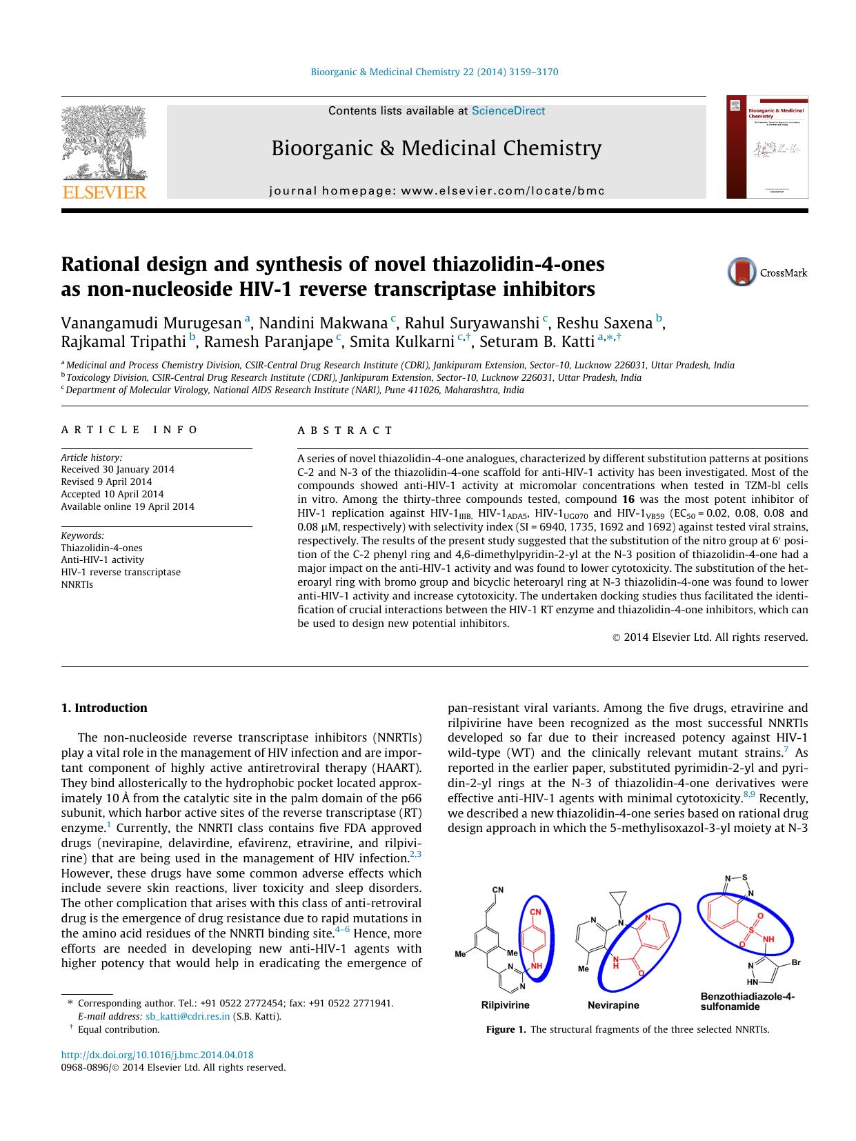 Rational design and synthesis of novel thiazolidin-4-ones as non-nucleoside HIV-1 reverse transcriptase inhibitors by unknow
