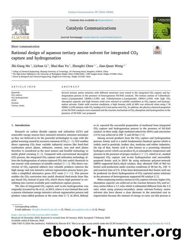 Rational design of aqueous tertiary amine solvent for integrated CO2 capture and hydrogenation by Zhi-Gang Hu & Lichun Li & Shui-Bao Yu & Zhengfei Chen & Jian-Quan Weng