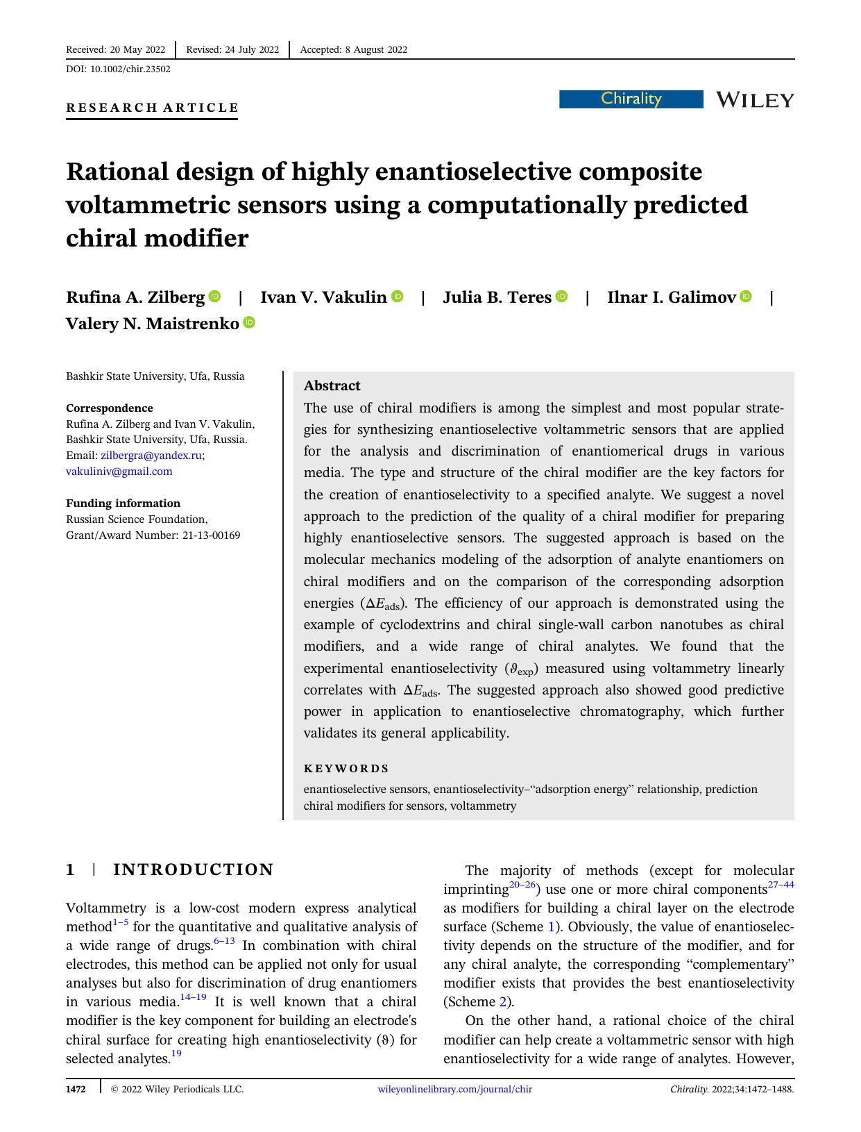 Rational design of highly enantioselective composite voltammetric sensors using a computationally predicted chiral modifier by Rufina A. Zilberg Ivan V. Vakulin Julia B. Teres Ilnar I. Galimov Valery N. Maistrenko