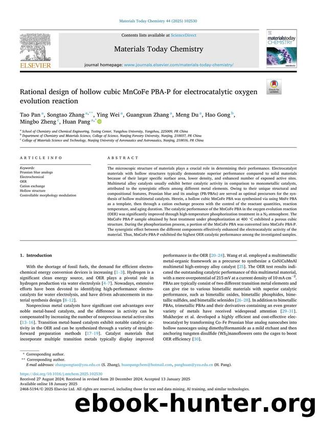 Rational design of hollow cubic MnCoFe PBA-P for electrocatalytic oxygen evolution reaction by Tao Pan & Songtao Zhang & Ying Wei & Guangxun Zhang & Meng Du & Hao Gong & Mingbo Zheng & Huan Pang