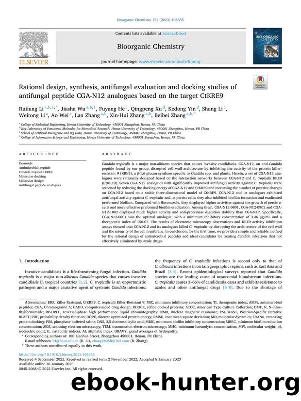 Rational design, synthesis, antifungal evaluation and docking studies of antifungal peptide CGA-N12 analogues based on the target CtKRE9 by unknow