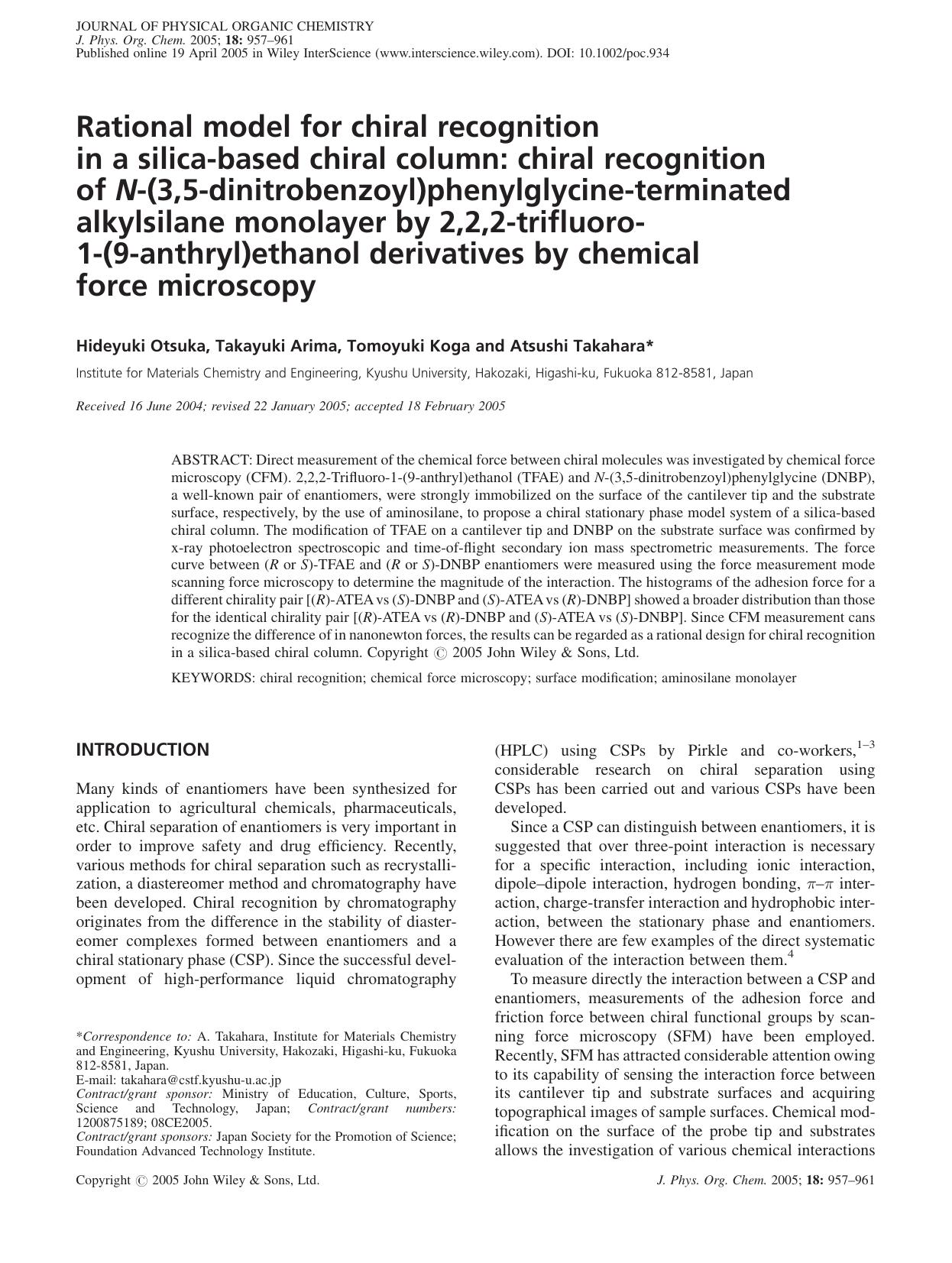 Rational model for chiral recognition in a silica-based chiral column: chiral recognition of N-(3,5-dinitrobenzoyl)phenylglycine-terminated alkylsilane monolayer by 2,2,2-trifluoro by Unknown