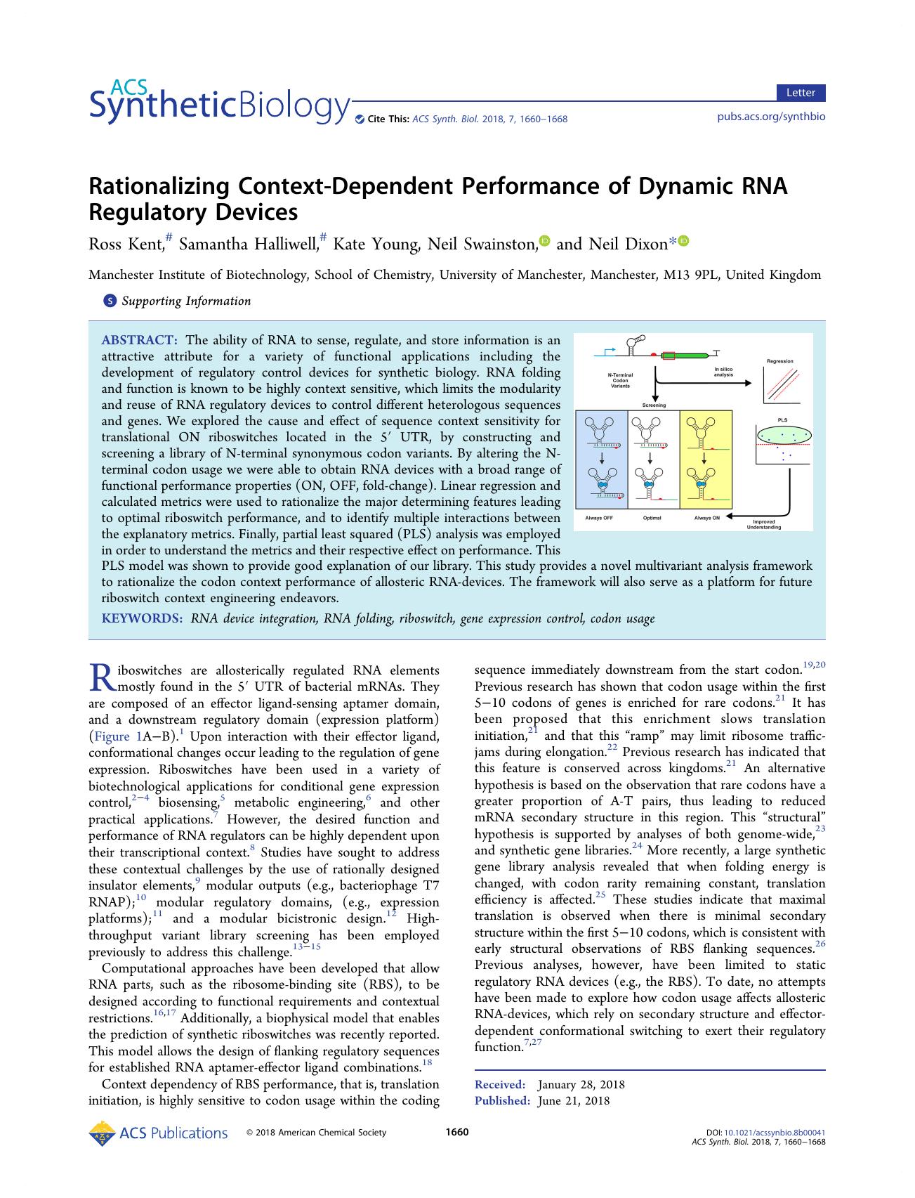 Rationalizing Context-Dependent Performance of Dynamic RNA Regulatory Devices by Ross Kent Samantha Halliwell Kate Young Neil Swainston and Neil Dixon