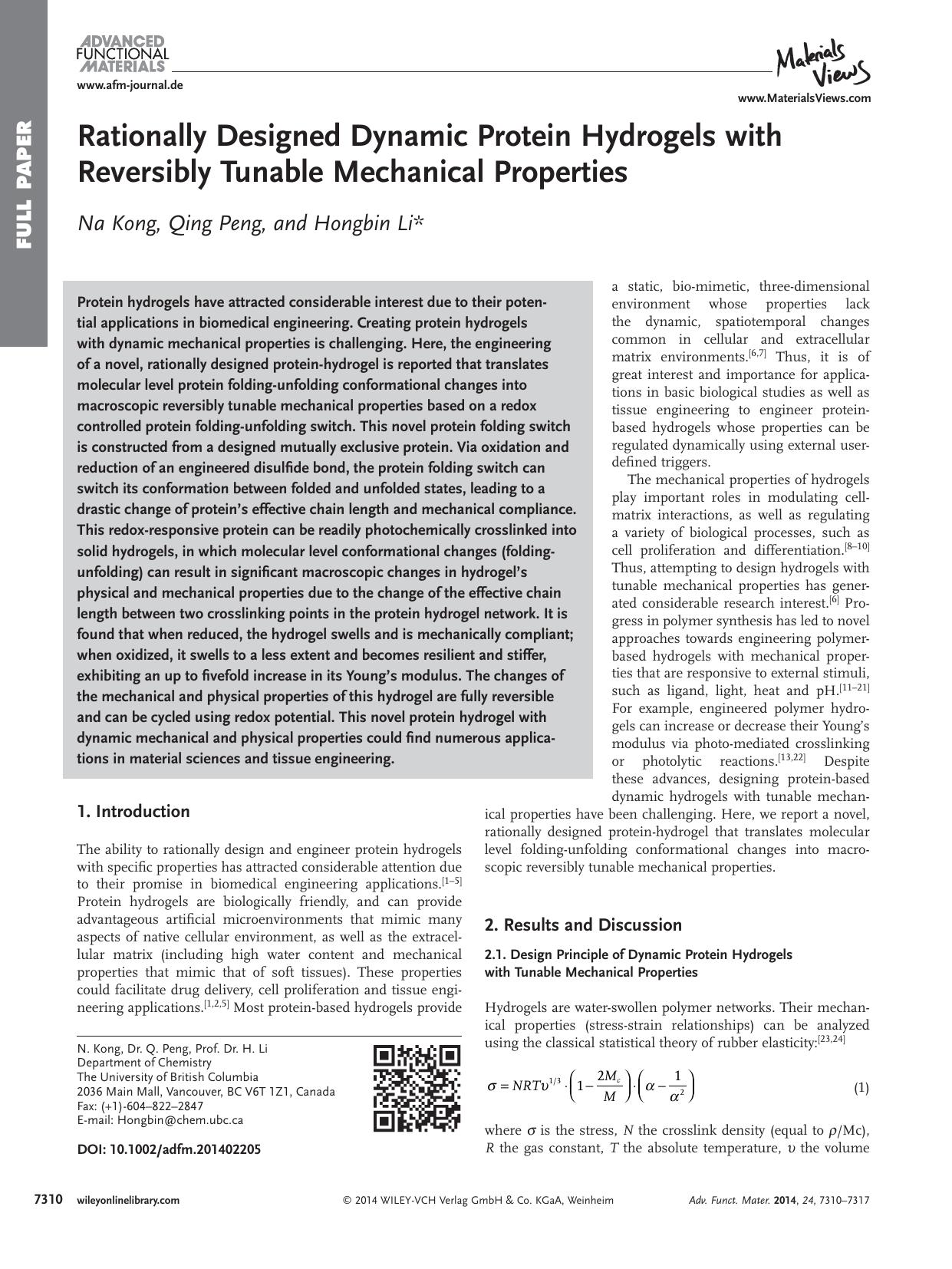 Rationally Designed Dynamic Protein Hydrogels with Reversibly Tunable Mechanical Properties by processteam