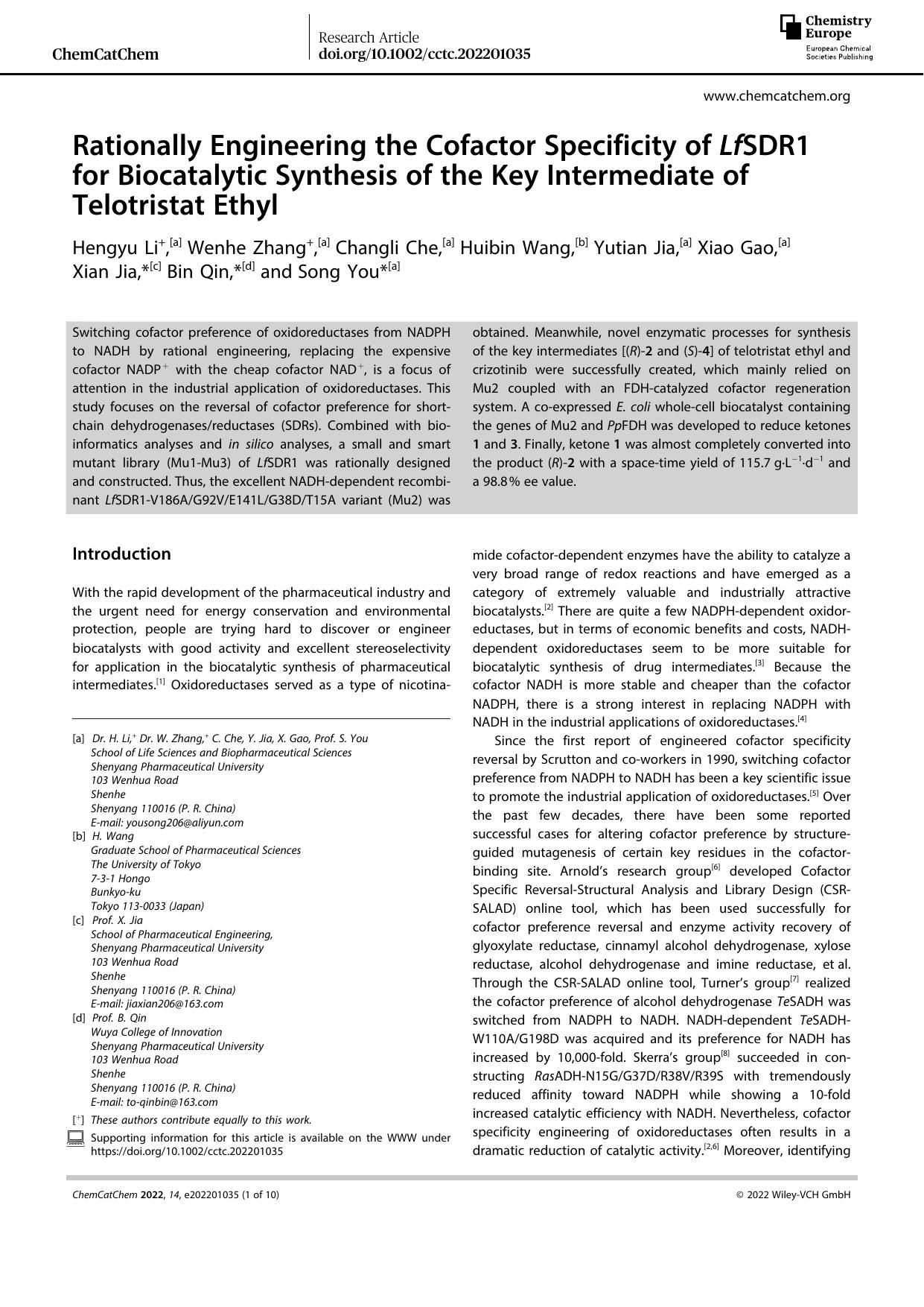 Rationally Engineering the Cofactor Specificity of LfSDR1 for Biocatalytic Synthesis of the Key Intermediate of Telotristat Ethyl by Unknown