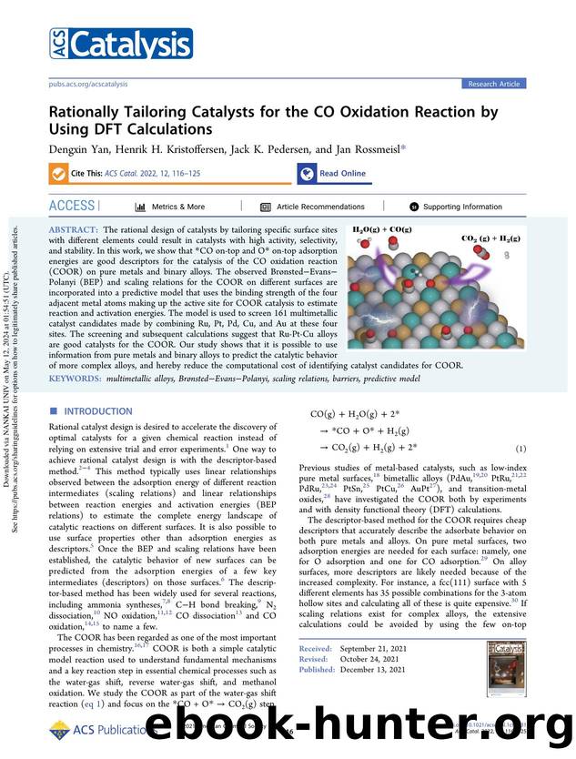 Rationally Tailoring Catalysts for the CO Oxidation Reaction by Using DFT Calculations by Dengxin Yan Henrik H. Kristoffersen Jack K. Pedersen & Jan Rossmeisl