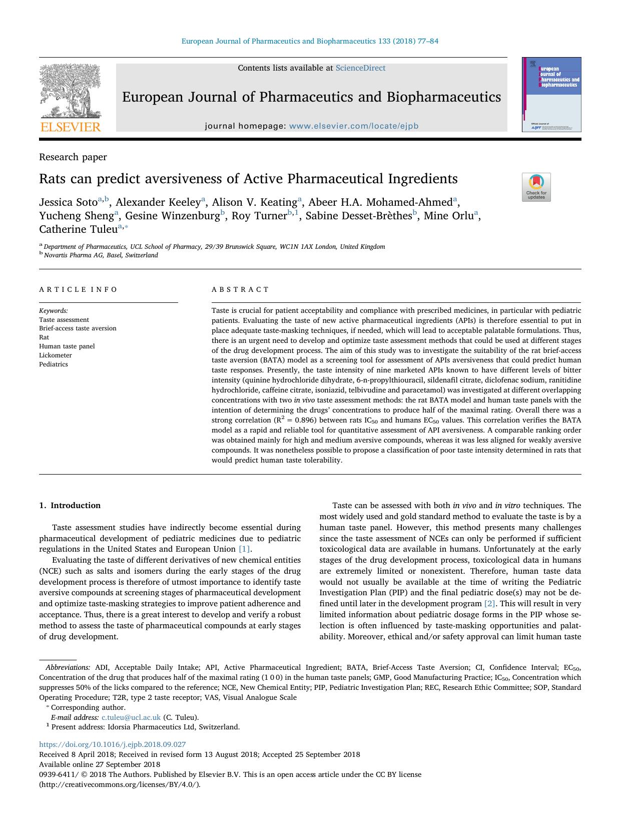 Rats can predict aversiveness of Active Pharmaceutical Ingredients by unknow