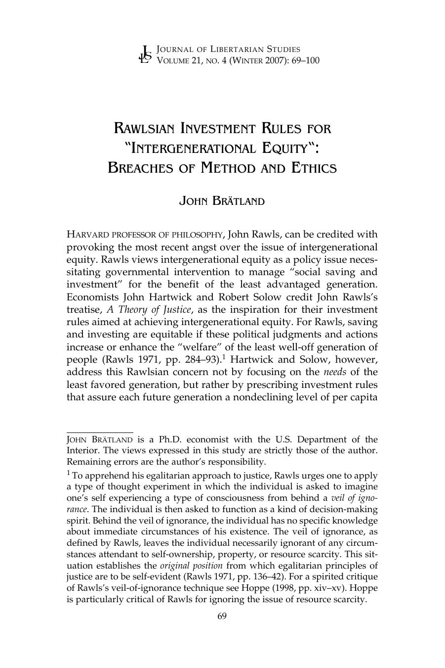 Rawlsian Investment Rules for "Intergenerational Equity": Breaches of Method and Ethics by John Bratland