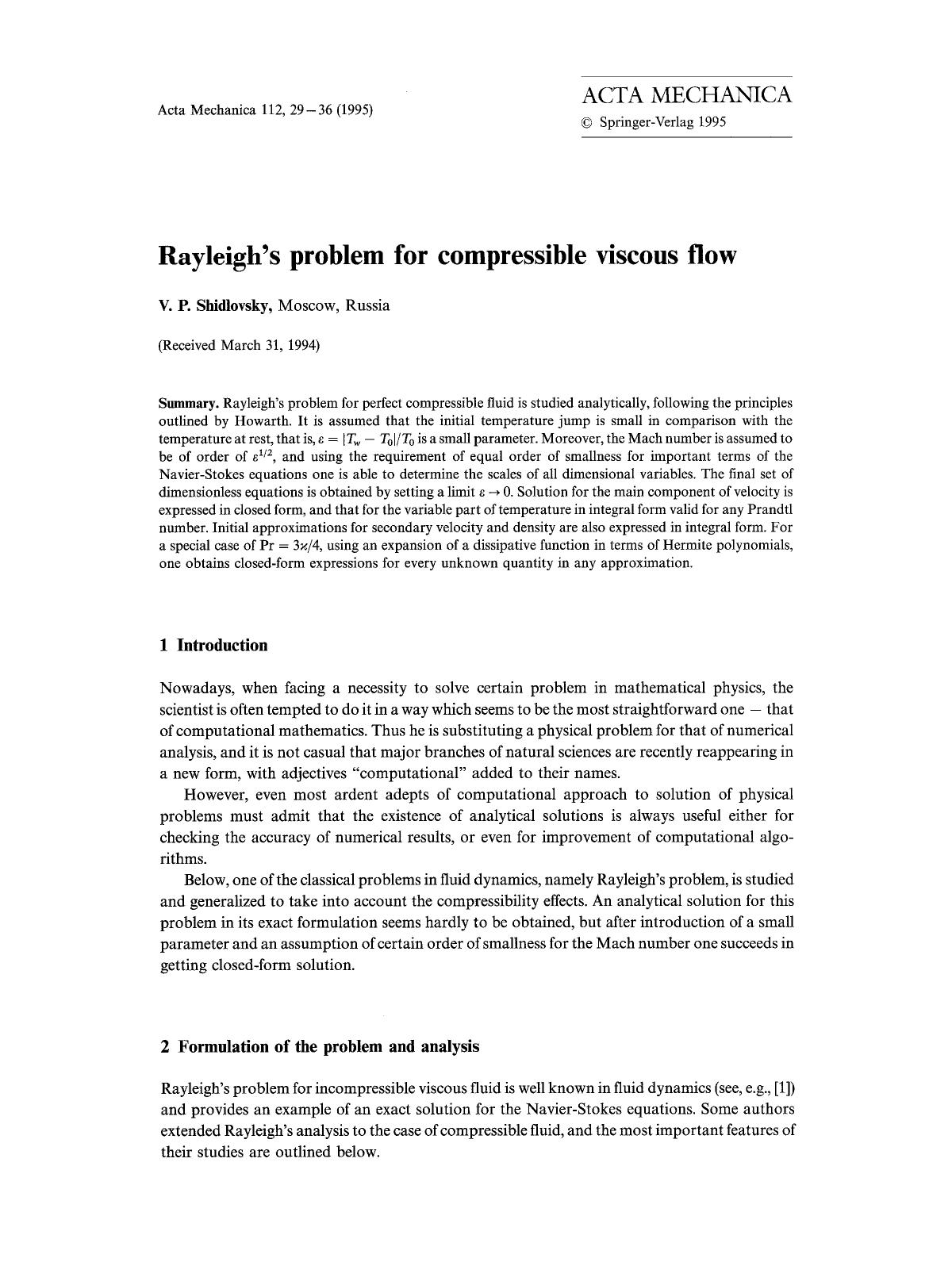 Rayleigh's problem for compressible viscous flow by Unknown