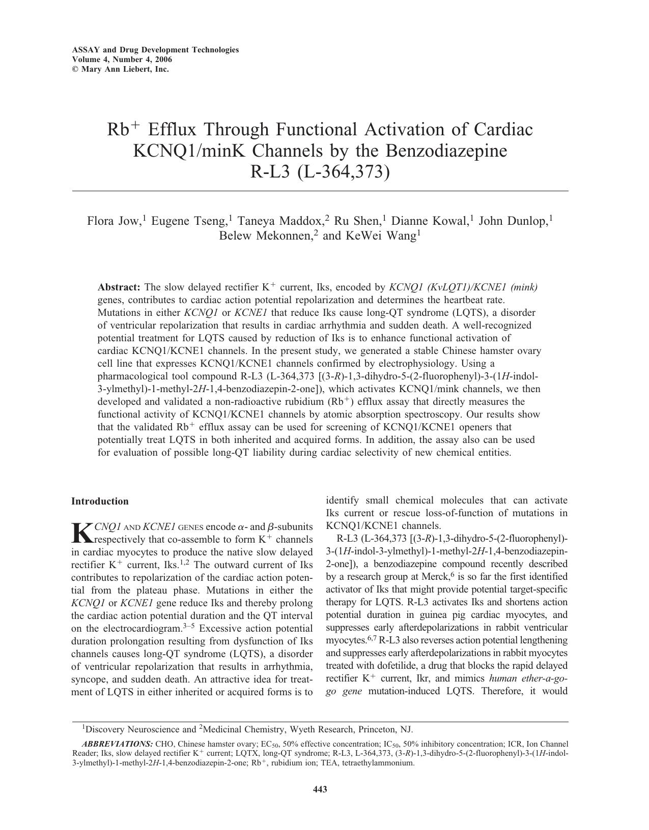 Rb+ Efflux Through Functional Activation of Cardiac KCNQ1minK Channels by the Benzodiazepine R-L3 (L-364,373) by unknow