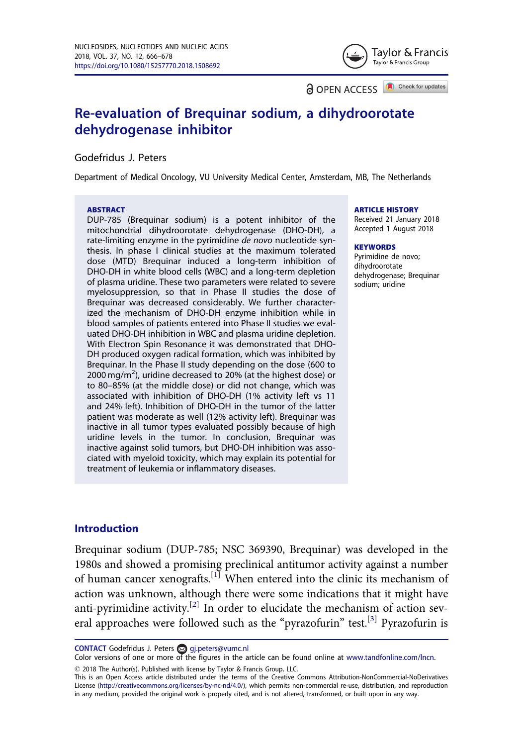 Re-evaluation of Brequinar sodium, a dihydroorotate dehydrogenase inhibitor by Peters Godefridus J
