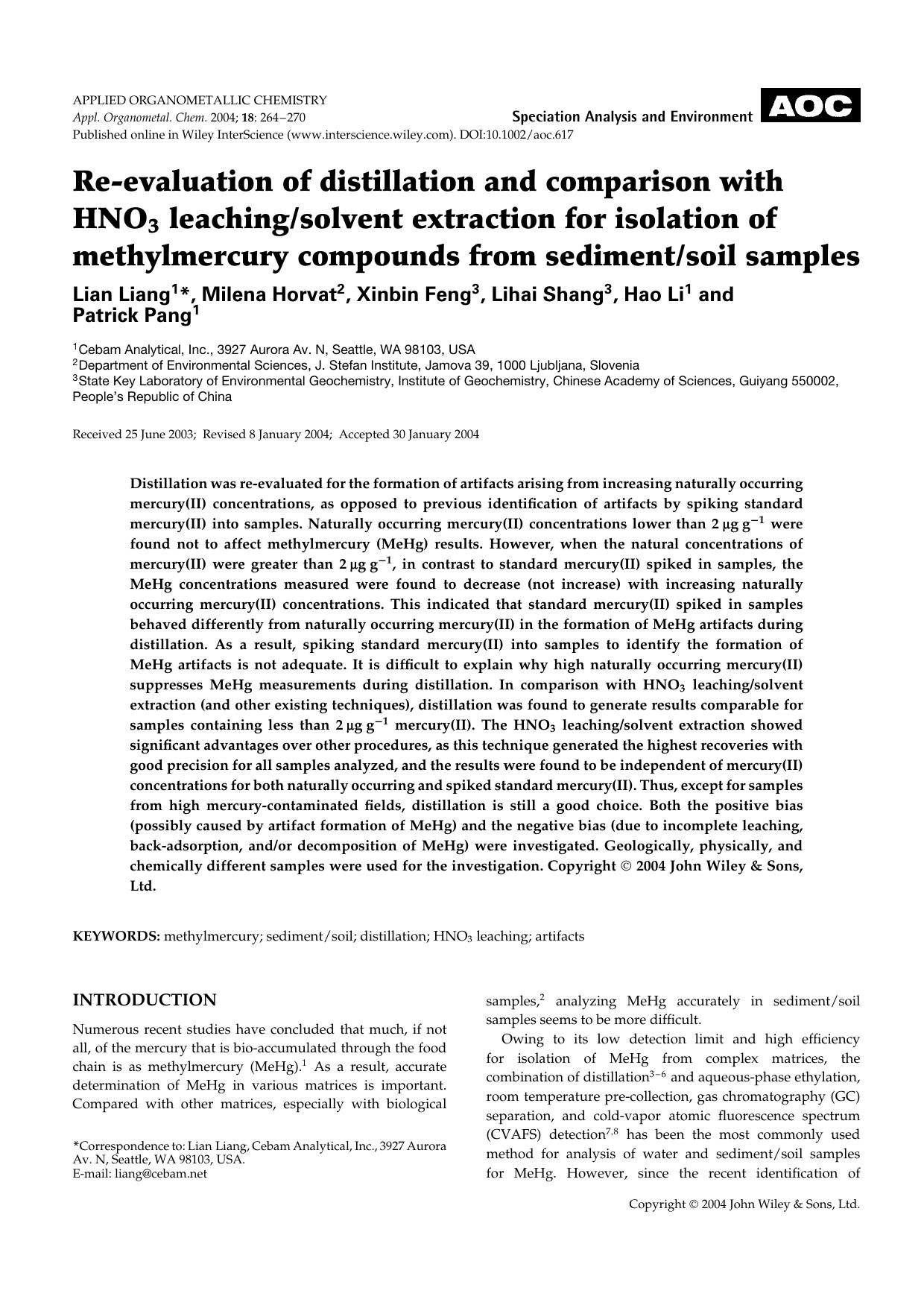 Re-evaluation of distillation and comparison with HNO3 leachingsolvent extraction for isolation of methylmercury compounds from sedimentsoil samples by Unknown