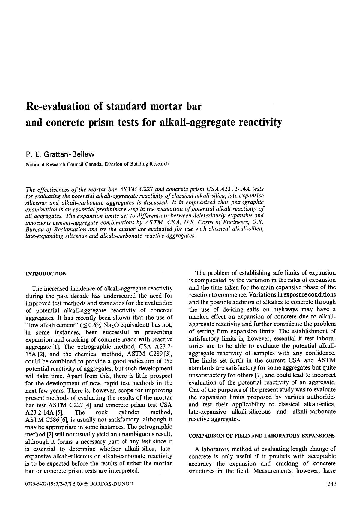 Re-evaluation of standard mortar bar and concrete prism tests for alkali-aggregate reactivity by Unknown