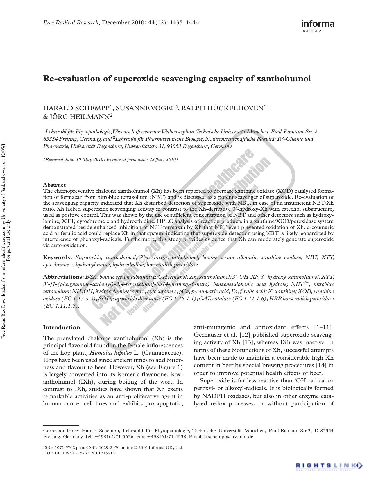 Re-evaluation of superoxide scavenging capacity of xanthohumol by Harald Schempp 1 h.schempp@lrz.tum.de Susanne Vogel 2 Ralph Hückelhoven 1 & Jörg Heilmann 2