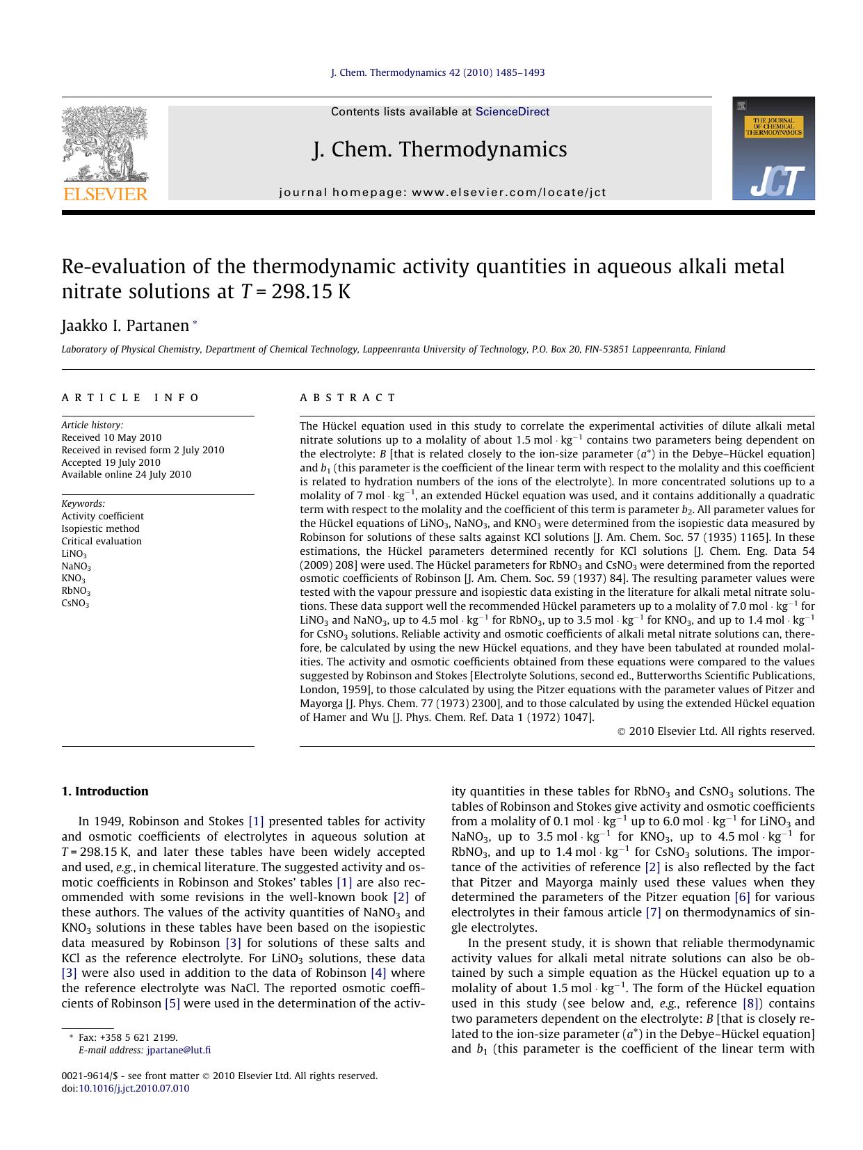 Re-evaluation of the thermodynamic activity quantities in aqueous alkali metal nitrate solutions at T=298.15K by Jaakko I. Partanen