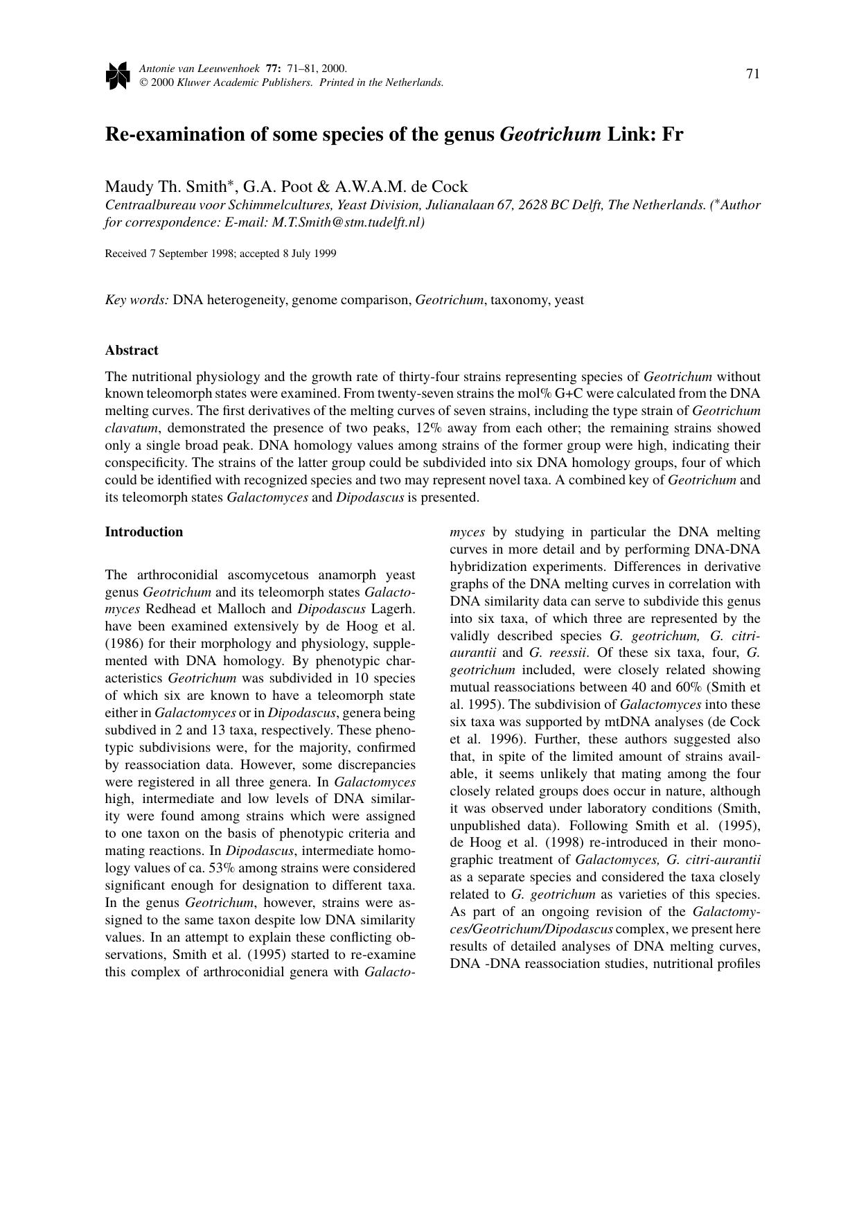 Re-examination of some species of the genus Geotrichum Link: Fr by Unknown