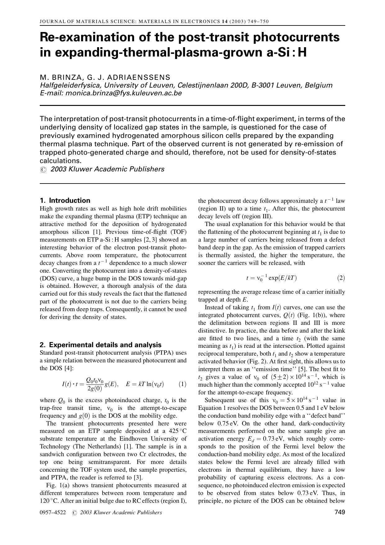 Re-examination of the post-transit photocurrents in expanding-thermal-plasma-grown a-Si : H by Unknown