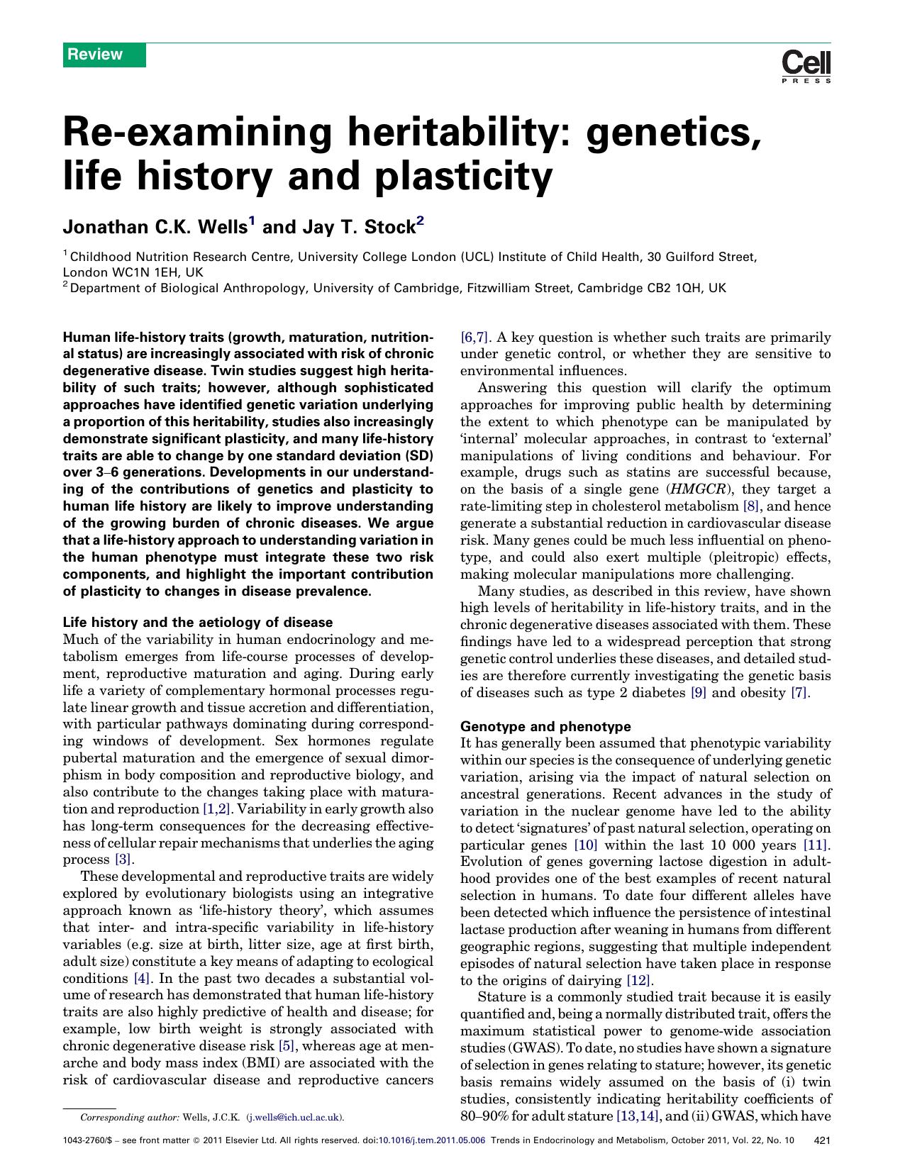 Re-examining heritability: genetics, life history and plasticity by Jonathan C.K. Wells