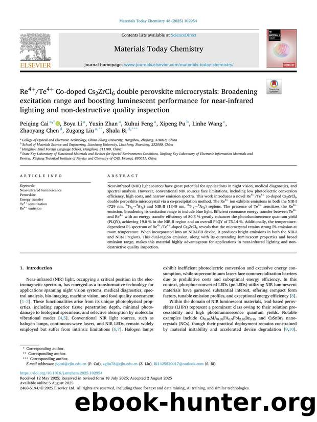 Re4+Te4+ Co-doped Cs2ZrCl6 double perovskite microcrystals: Broadening excitation range and boosting luminescent performance for near-infrared lighting and non-destructive quality inspection by unknow