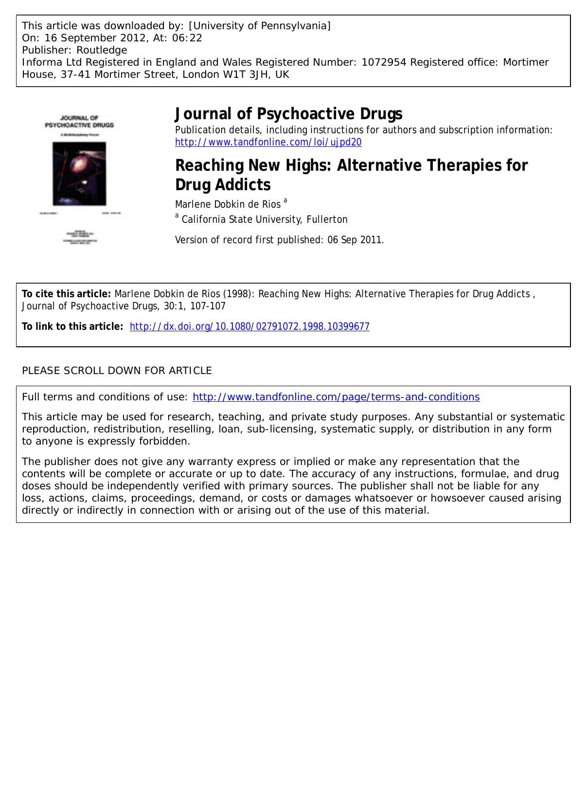 Reaching New Highs: Alternative Therapies for Drug Addicts by Marlene Dobkin de Rios a