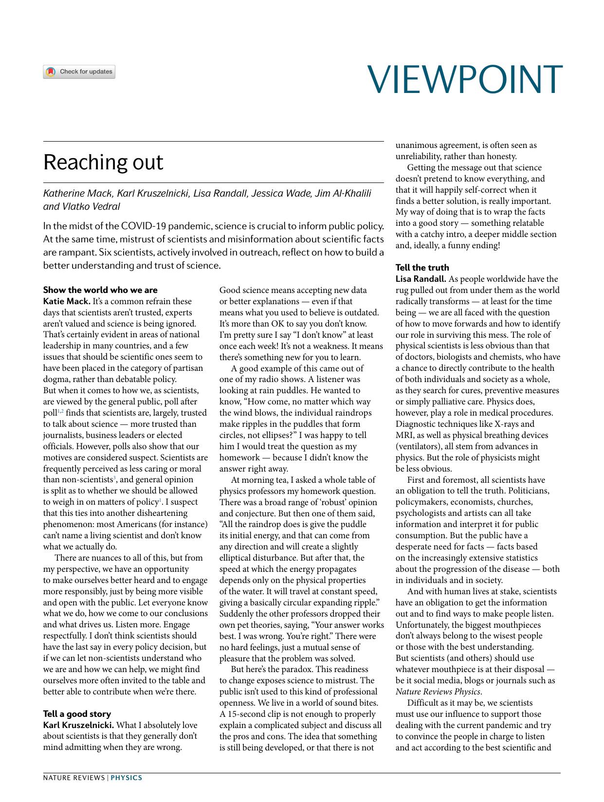 Reaching out by Katherine Mack & Karl Kruszelnicki & Lisa Randall & Jessica Wade & Jim Al-Khalili & Vlatko Vedral