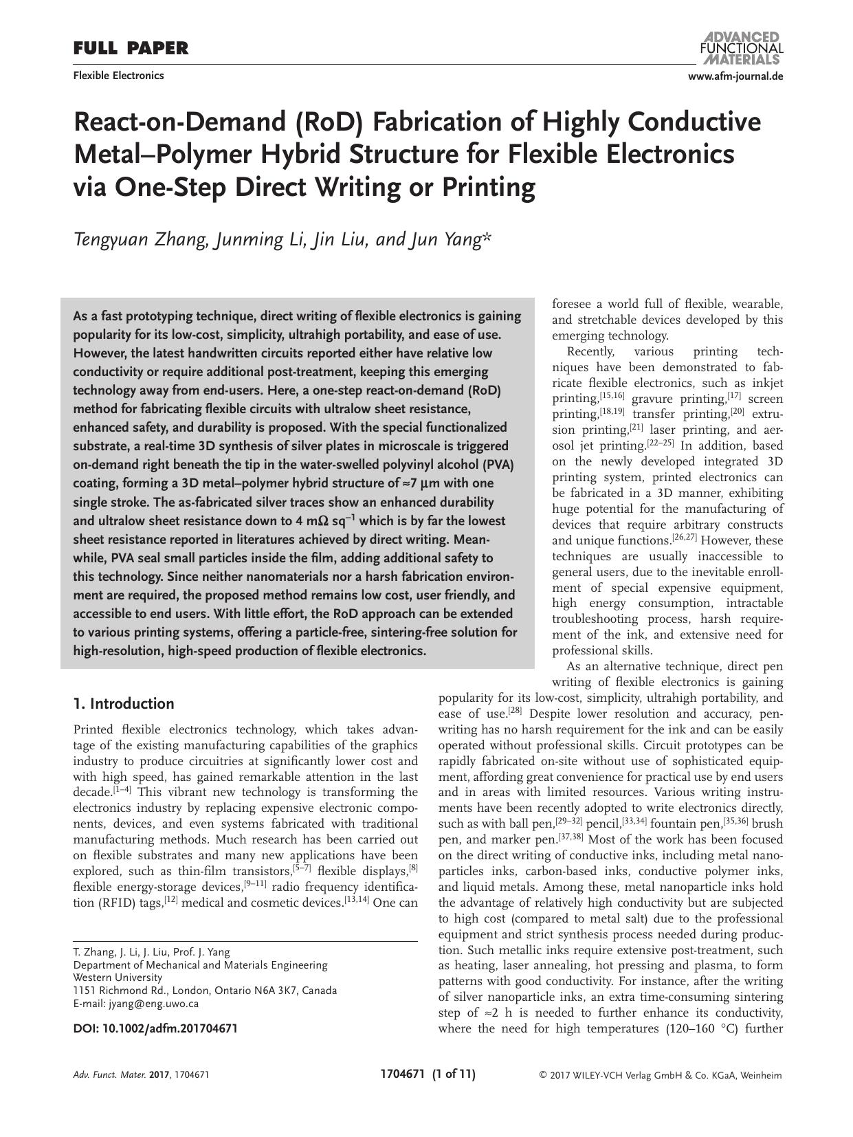 React&#x02010;on&#x02010;Demand (RoD) Fabrication of Highly Conductive Metal&#x02013;Polymer Hybrid Structure for Flexible Electronics via One&#x02010;Step Direct Writing or Printing by Unknown