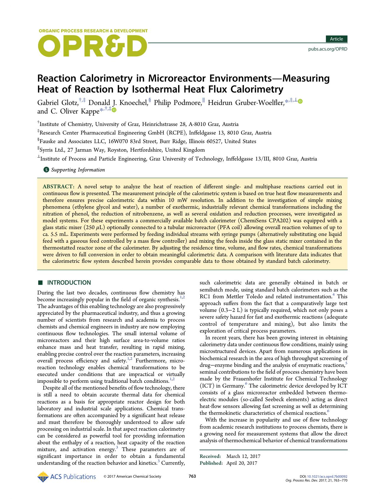 Reaction Calorimetry in Microreactor EnvironmentsâMeasuring Heat of Reaction by Isothermal Heat Flux Calorimetry by Gabriel Glotz Donald J. Knoechel Philip Podmore Heidrun Gruber-Woelfler & C. Oliver Kappe