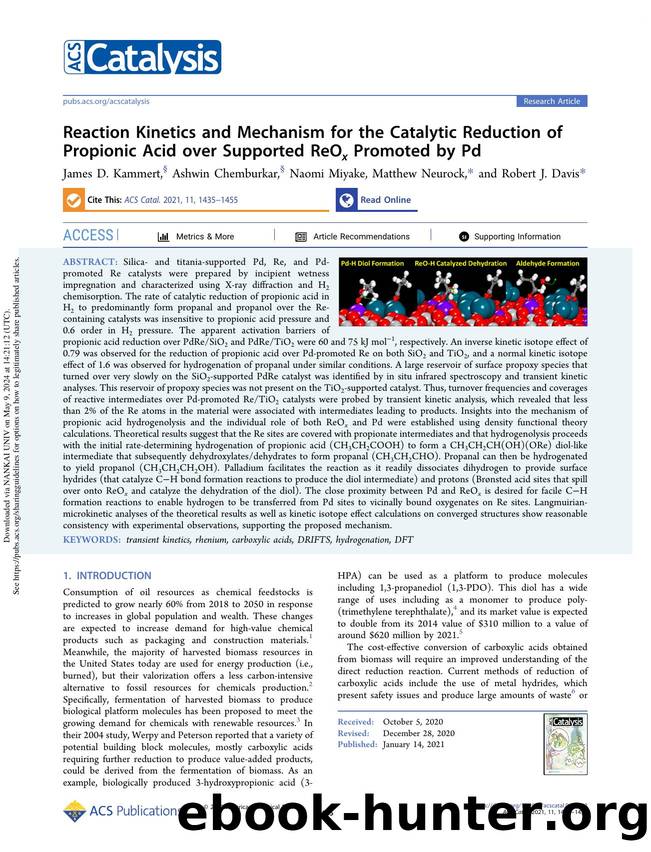 Reaction Kinetics and Mechanism for the Catalytic Reduction of Propionic Acid over Supported ReOx Promoted by Pd by James D. Kammert Ashwin Chemburkar Naomi Miyake Matthew Neurock & Robert J. Davis