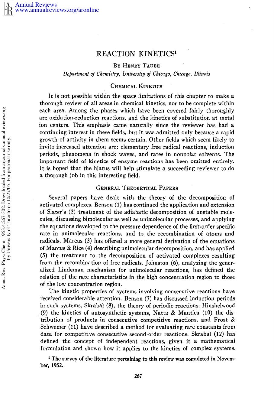 Reaction Kinetics by H Taube