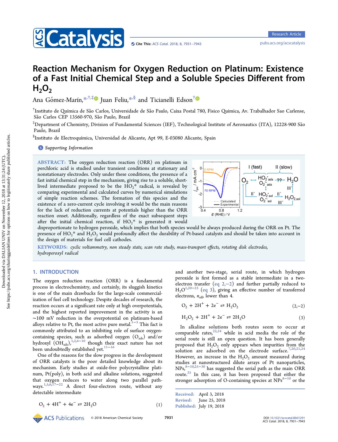 Reaction Mechanism for Oxygen Reduction on Platinum: Existence of a Fast Initial Chemical Step and a Soluble Species Different from H2O2 by Ana Gómez-Marín & Juan Feliu & Ticianelli Edson