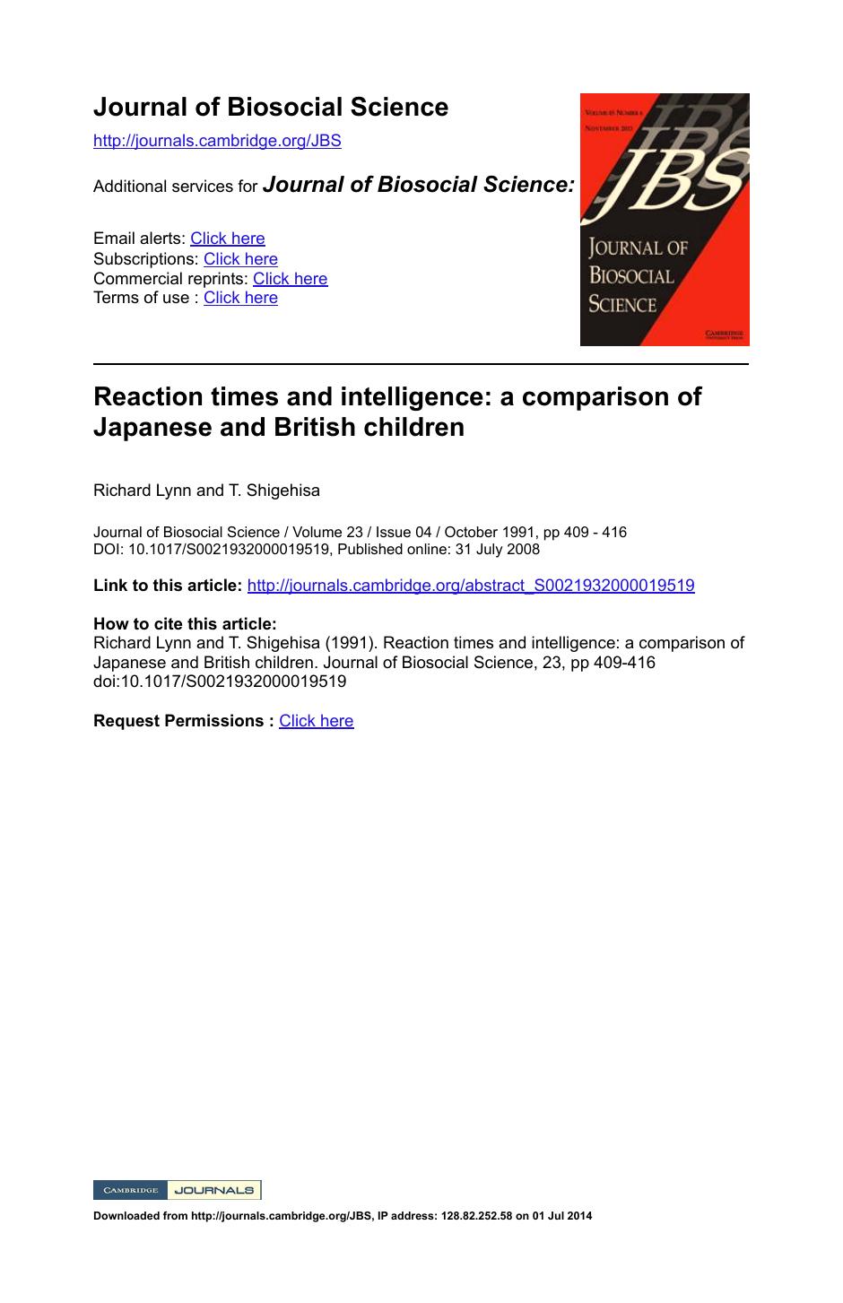 Reaction Times and Intelligence by A Comparison of Japanese & British Children (1991) by Richard Lynn & T. Shigehisa
