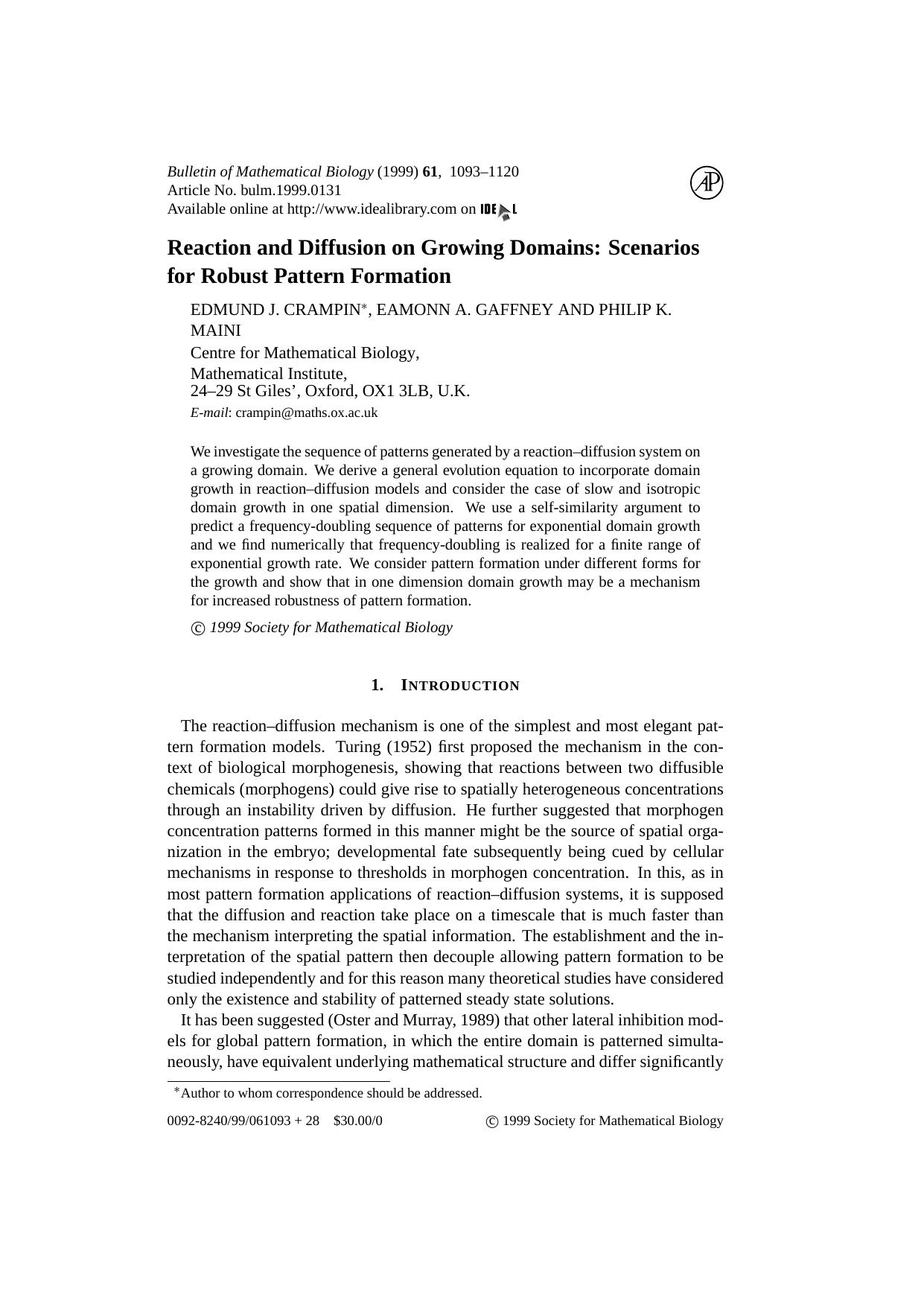 Reaction and Diffusion on Growing Domains: Scenarios for Robust Pattern Formation by E. J. Crampin et al