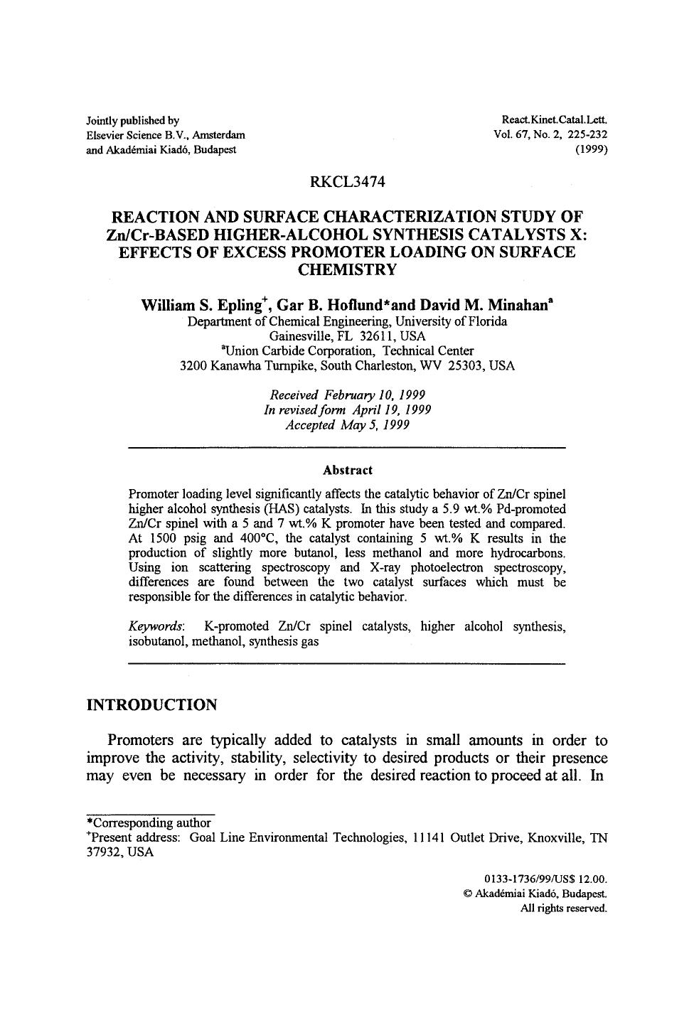 Reaction and surface characterization study of ZnCr-based higher-alcohol synthesis catalysts X: Effects of excess promoter loading on surface chemistry by Unknown
