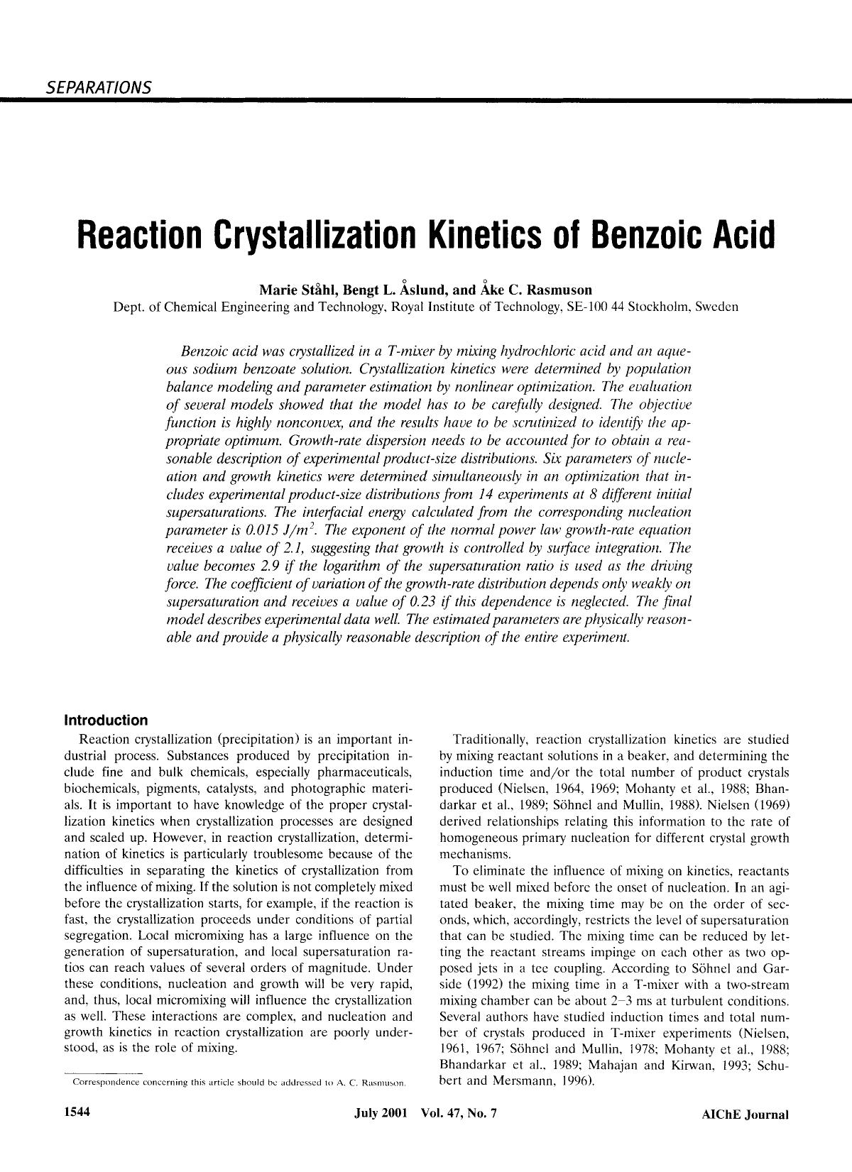 Reaction crystallization kinetics of benzoic acid by Unknown