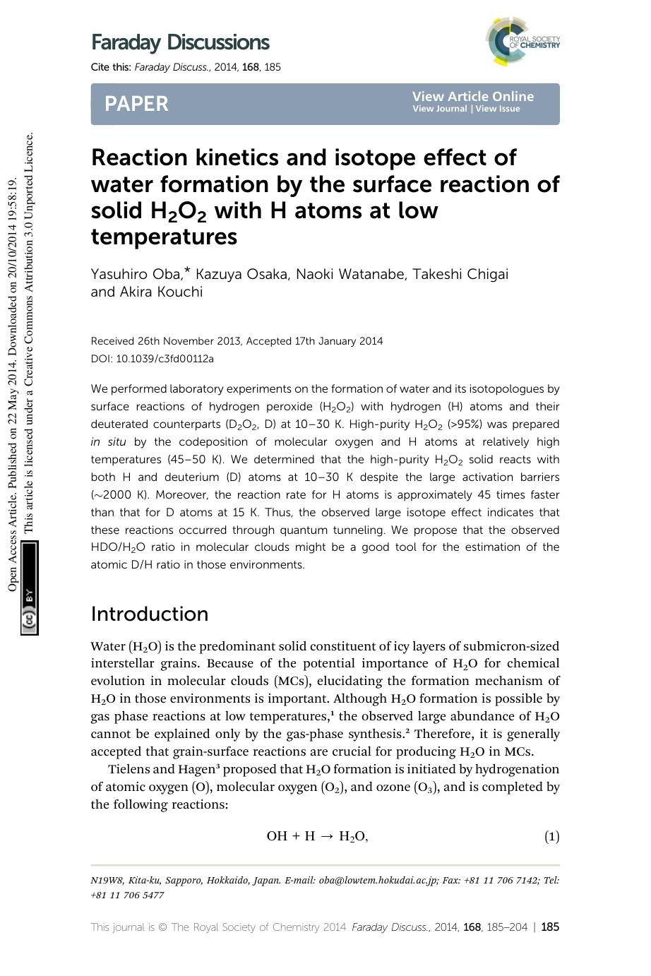 Reaction kinetics and isotope effect of water formation by the surface reaction of solid H2O2 with H atoms at low temperatures by Yasuhiro Oba & Kazuya Osaka & Naoki Watanabe & Takeshi Chigai & Akira Kouchi