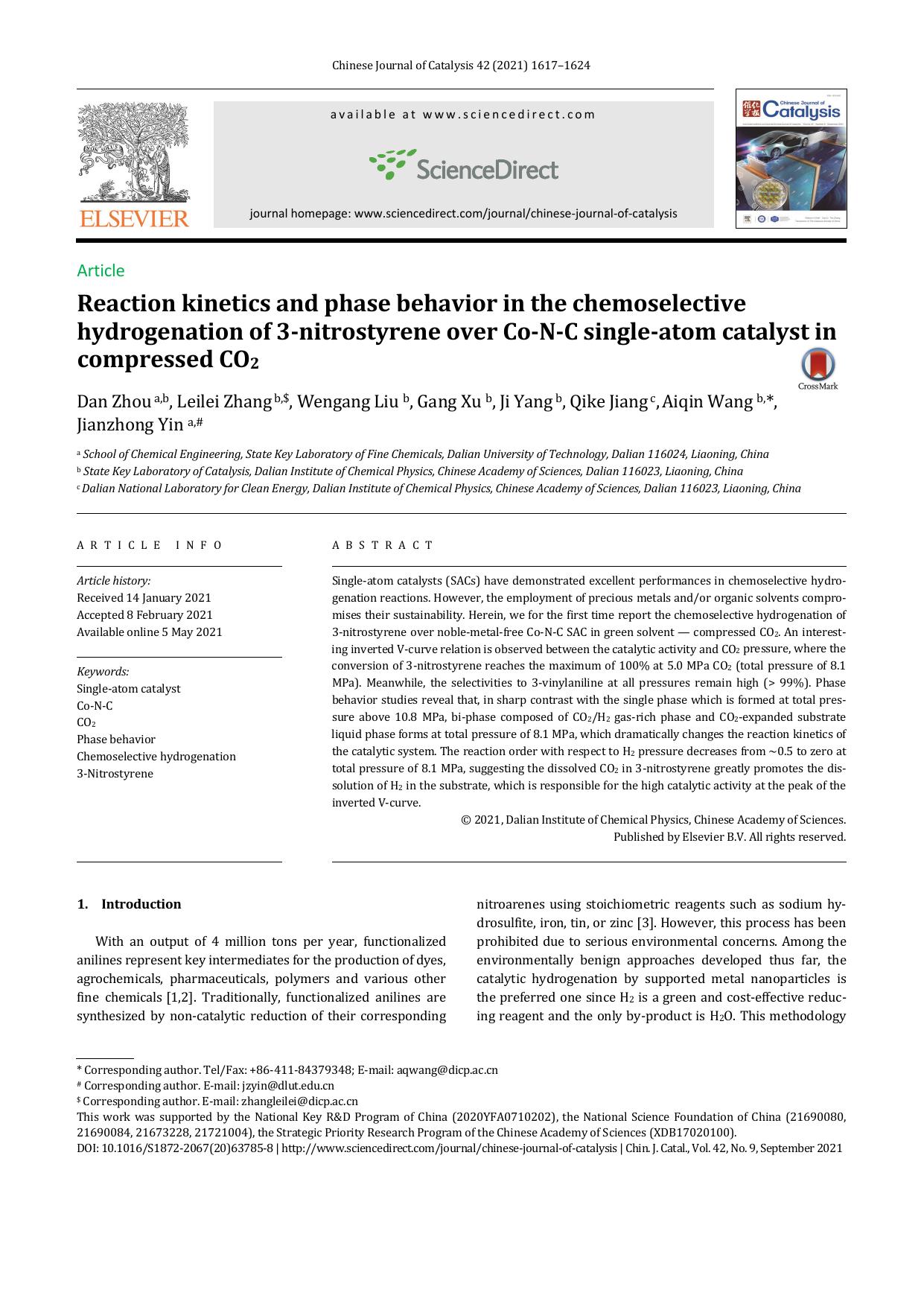 Reaction kinetics and phase behavior in the chemoselective hydrogenation of 3-nitrostyrene over Co-N-C single-atom catalyst in compressed CO2 by Dan Zhou & Leilei Zhang & Wengang Liu & Gang Xu & Ji Yang & Qike Jiang & Aiqin Wang & Jianzhong Yin