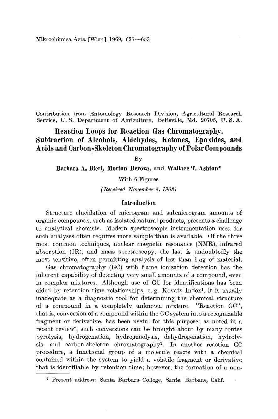 Reaction loops for reaction Gas chromatography. Subtraction of alcohols, aldehydes, ketones, epoxides, and acids and carbon-skeleton vchromatography of polar compounds by Unknown