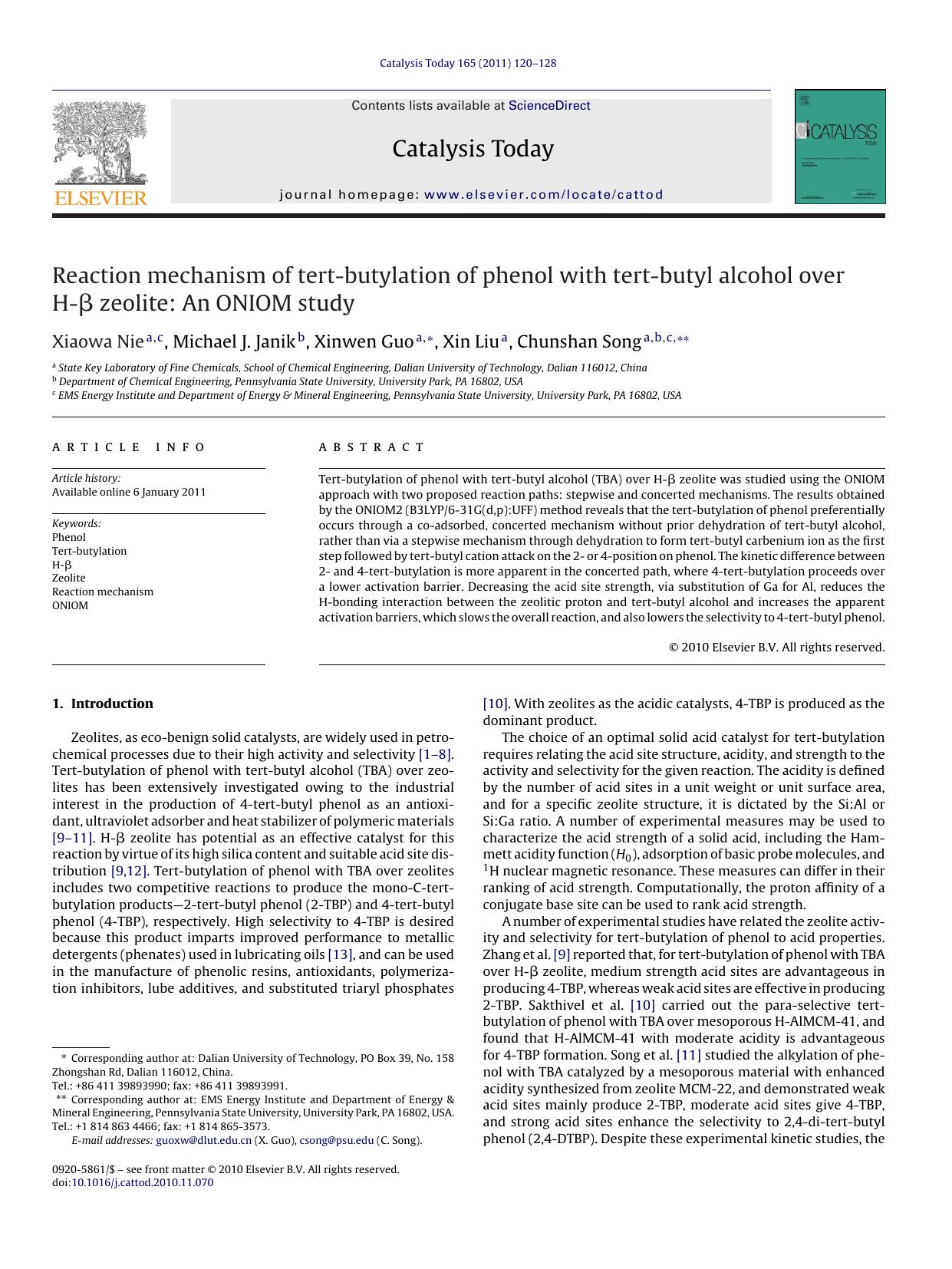 Reaction mechanism of tert-butylation of phenol with tert-butyl alcohol over H-ÃÂ² zeolite: An ONIOM study by Xiaowa Nie