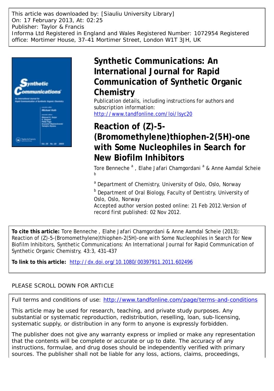 Reaction of (Z)-5-(Bromomethylene)thiophen-2(5H)-one with Some Nucleophiles in Search for New Biofilm Inhibitors by Tore Benneche Elahe Jafari Chamgordani & Anne Aamdal Scheie