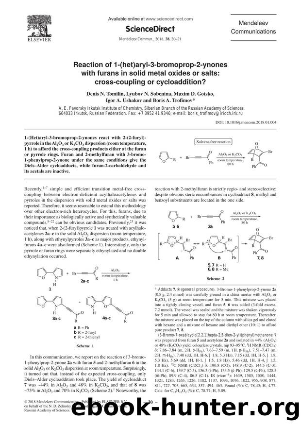 Reaction of 1-(het)aryl-3-bromoprop-2-ynones with furans in solid metal oxides or salts: cross-coupling or cycloaddition? by Denis N. Tomilin & Lyubov N. Sobenina & Maxim D. Gotsko & Igor A. Ushakov & Boris A. Trofimov