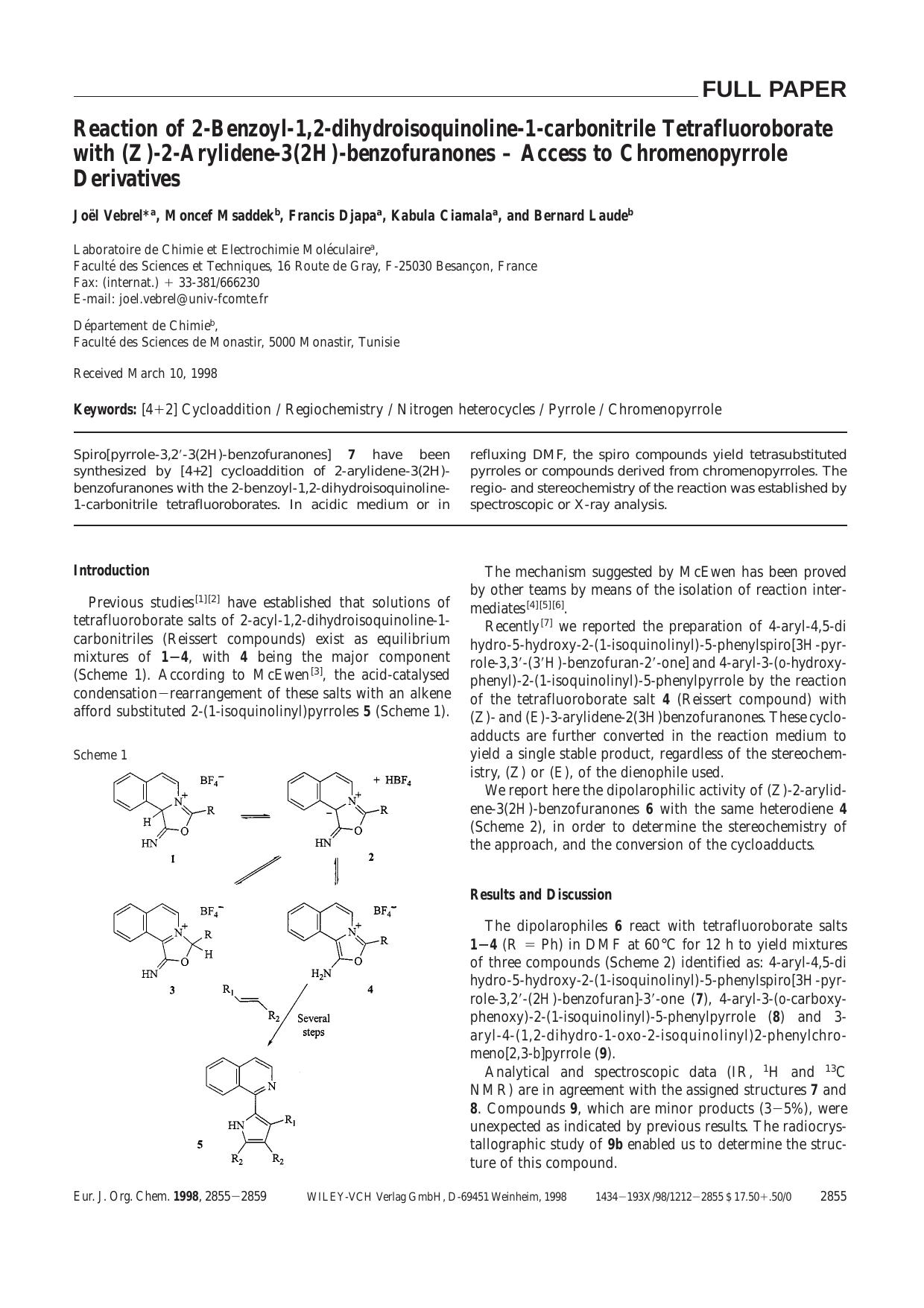 Reaction of 2-Benzoyl-1,2-dihydroisoquinoline-1-carbonitrile Tetrafluoroborate with (Z)-2-Arylidene-3(2H)-benzofuranones - Access to Chromenopyrrole Derivatives by Unknown