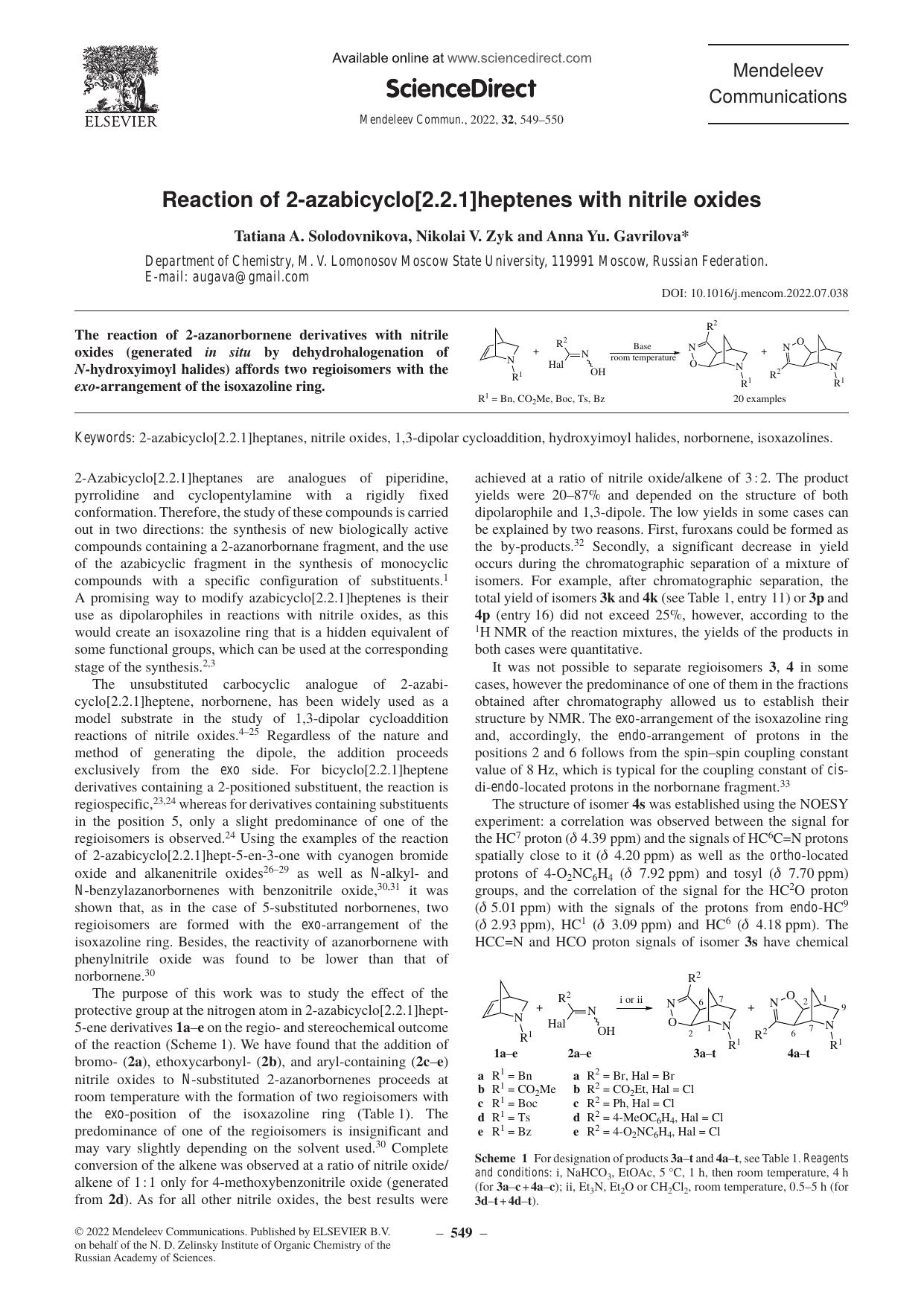 Reaction of 2-azabicyclo[2.2.1]heptenes with nitrile oxides by Tatiana A. Solodovnikova & Nikolai V. Zyk & Anna Yu. Gavrilova