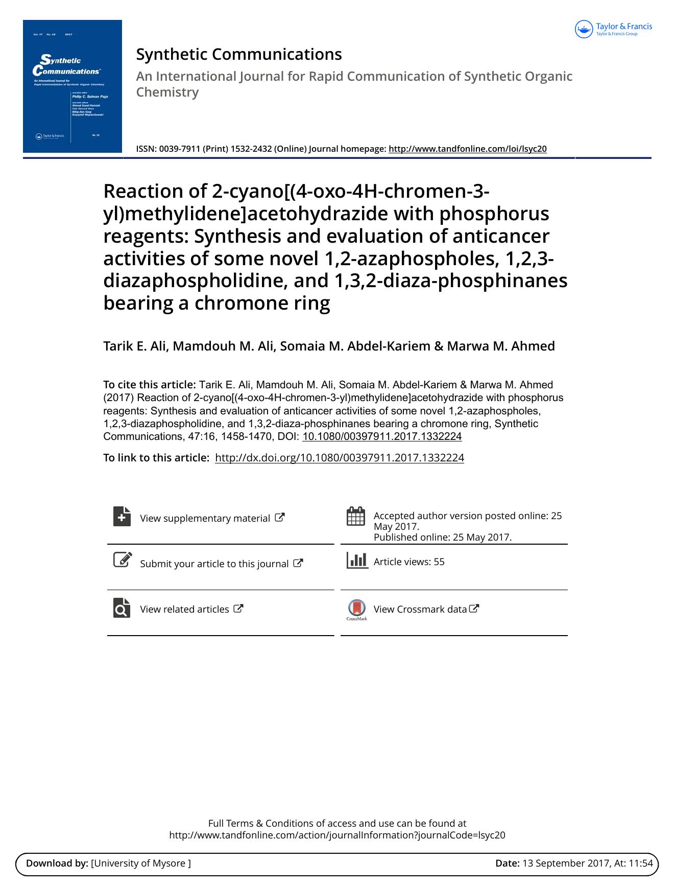 Reaction of 2-cyano[(4-oxo-4H-chromen-3-yl)methylidene] acetohydrazide with phosphorus reagents: Synthesis and evaluation of anticancer activities of some novel 1,2-azaphospholes, by Tarik E. Ali