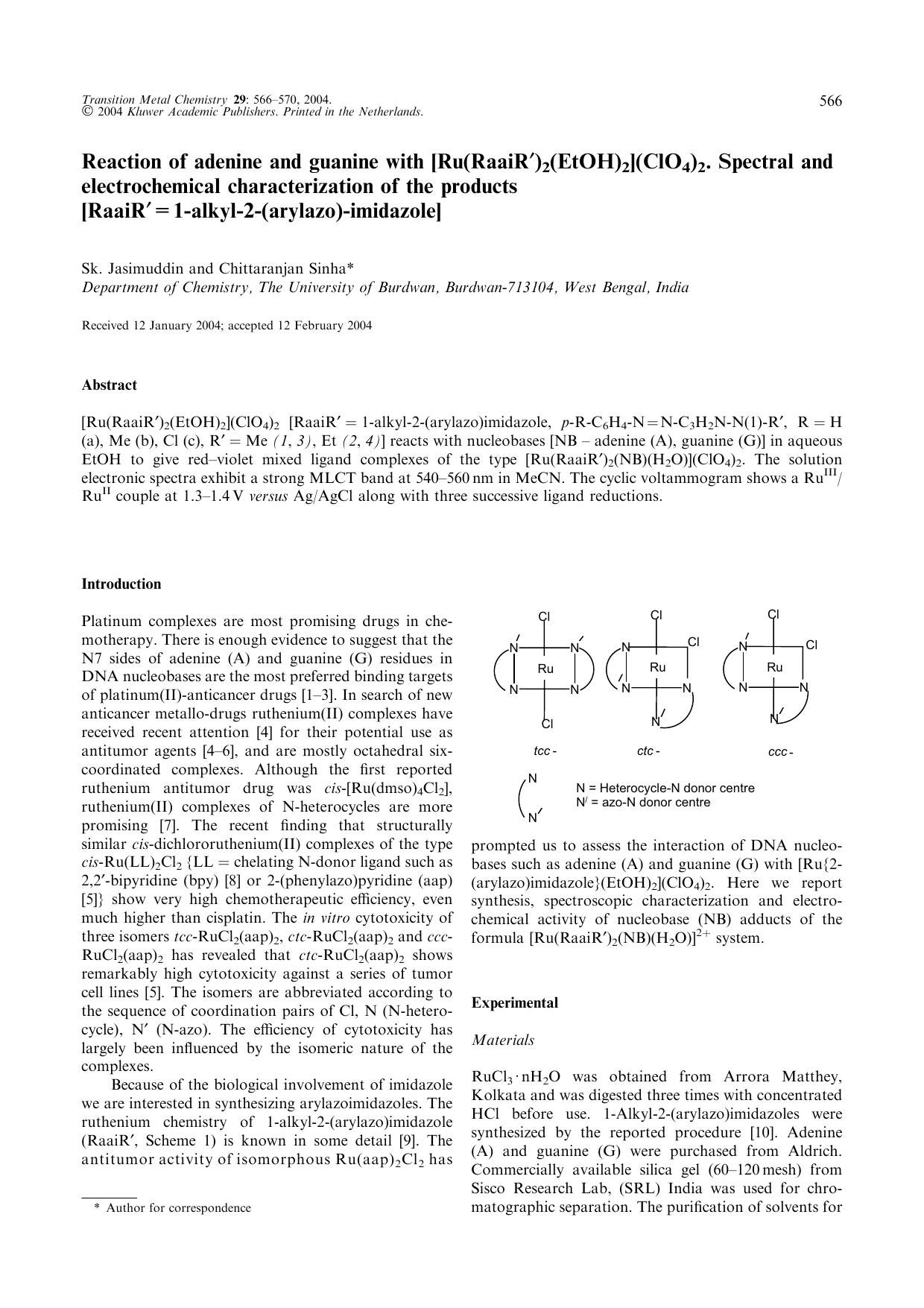 Reaction of Adenine and Guanine with [Ru(RaaiR′)<Subscript>2<Subscript>(EtOH)<Subscript>2<Subscript>](ClO<Subscript>4<Subscript>)<Subscript>2<Subscript> <Superscript>· by Unknown