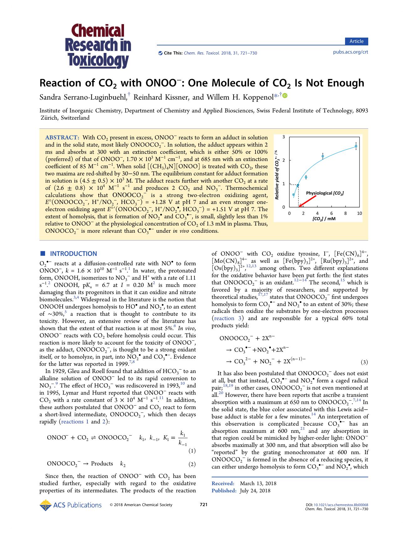 Reaction of CO2 with ONOOâ: One Molecule of CO2 Is Not Enough by Sandra Serrano-Luginbuehl Reinhard Kissner and Willem H. Koppenol