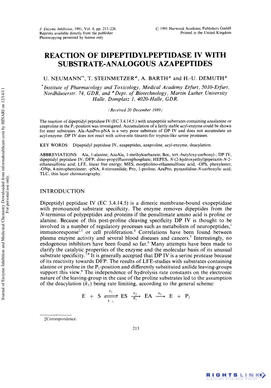 Reaction of Dipeptidylpeptidase IV with Substrate-Analogous Azapeptides by U. Neumann T. Steinmetzer A. Barth & H.-U. Demuth