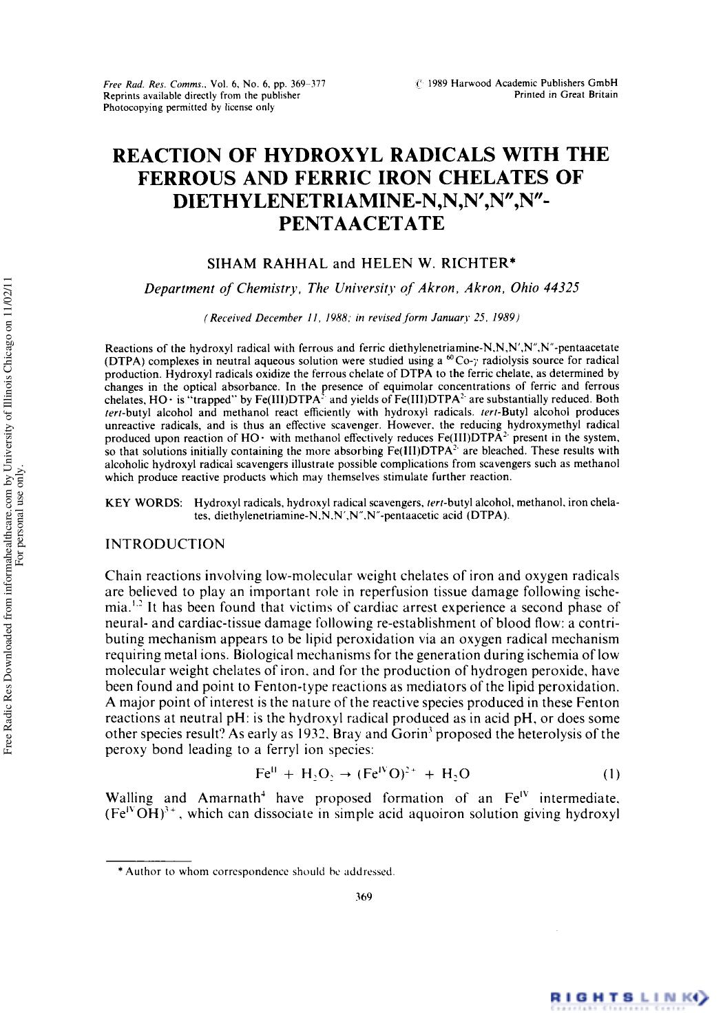 Reaction of Hydroxyl Radicals with the Ferrous and Ferric Iron Chelates of Diethylenetriamine-N,N,Nâ²,Nâ³,Nâ³-Pentaacetate by Siham Rahhal1 & Helen W. Richter1†
