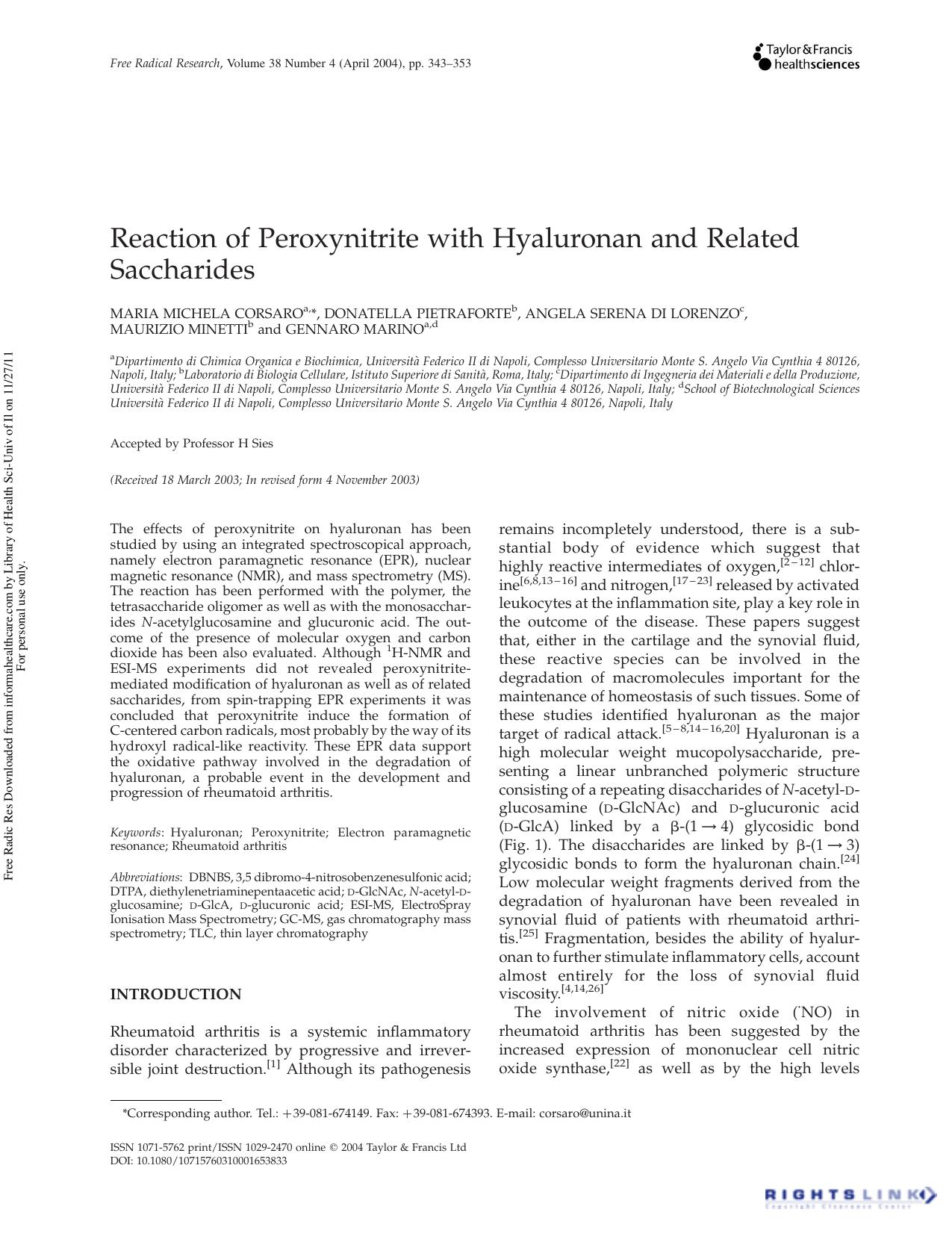 Reaction of Peroxynitrite with Hyaluronan and Related Saccharides by unknow