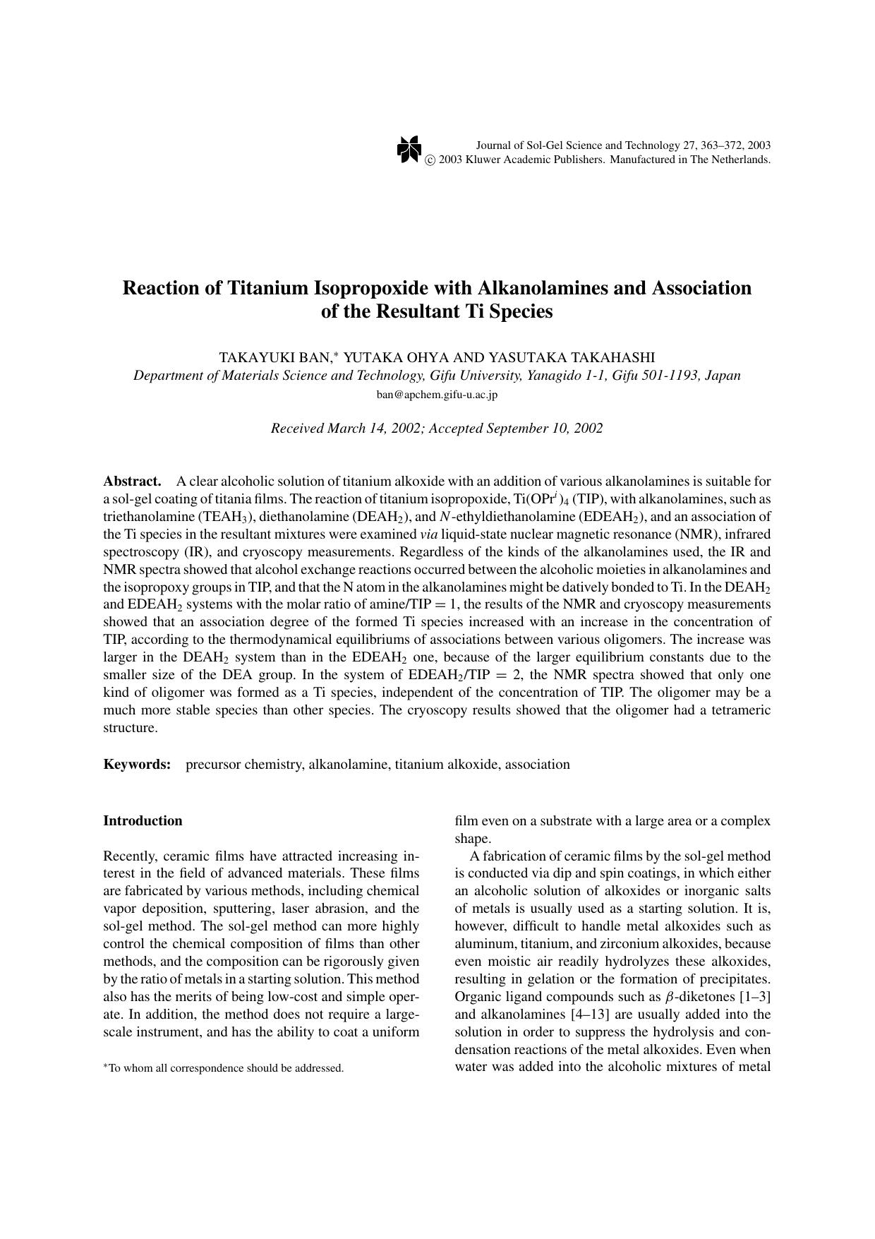 Reaction of Titanium Isopropoxide with Alkanolamines and Association of the Resultant Ti Species by Unknown